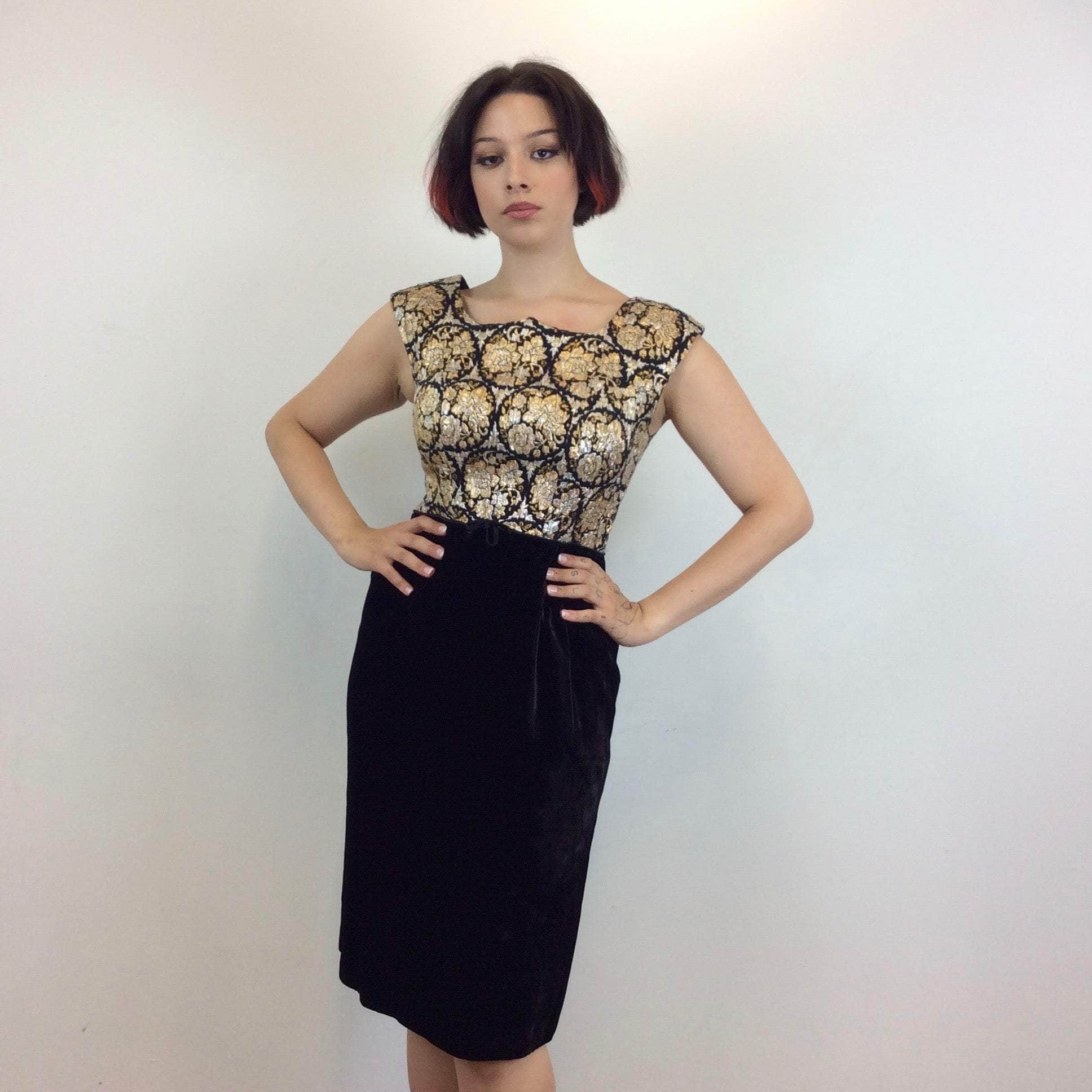 1950s-1960s Metallic Brocade and Black Velvet Dress size Medium sold by bohemevintage.com