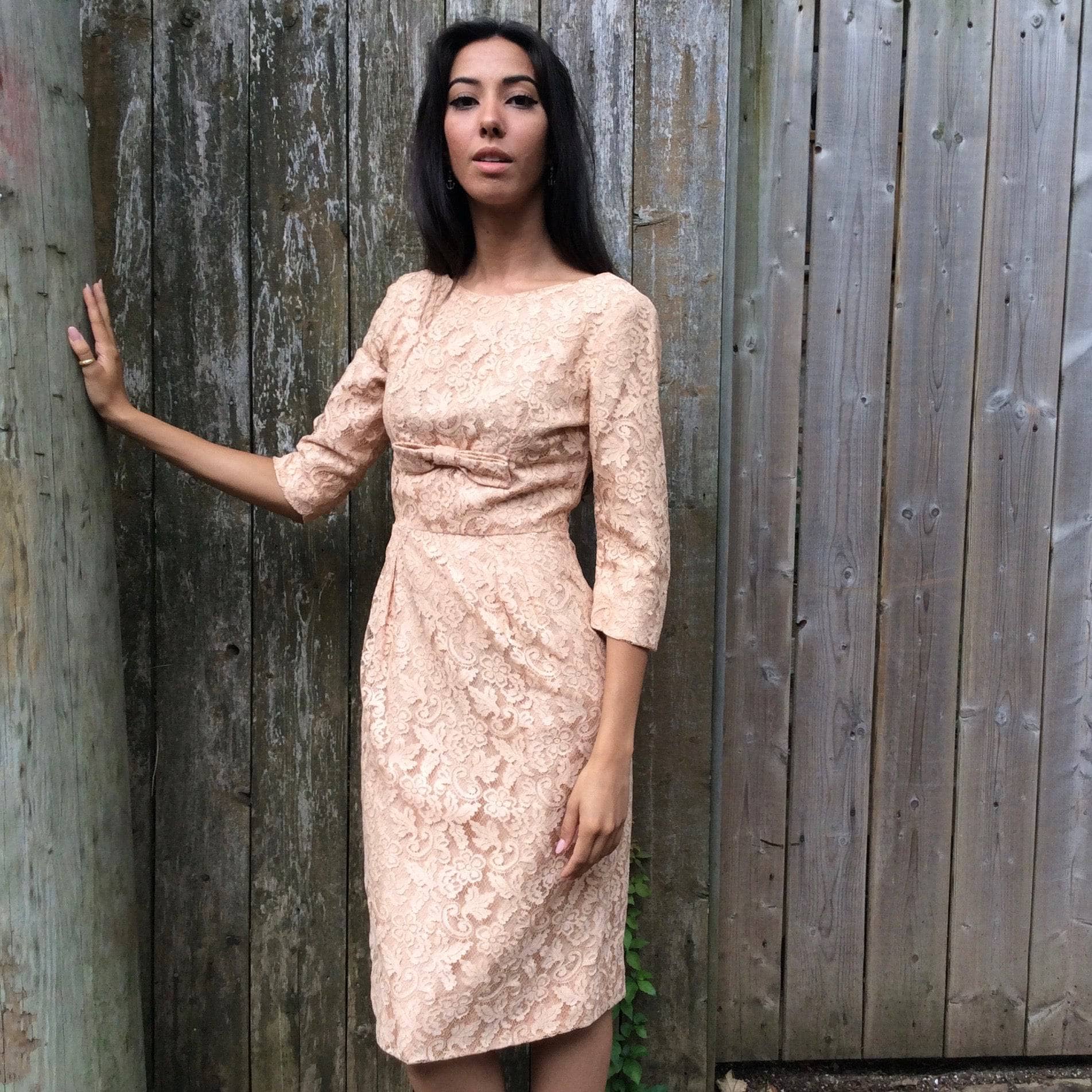 1950s/60s Nude ¾ Sleeve Lace Cocktail Dress Size Small sold by bohemevintage.com Montréal