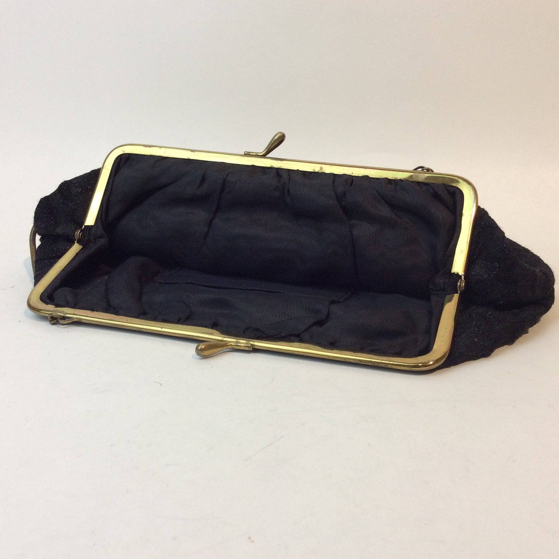 Open view of 1950s Black Lurex Art Deco Inspired Evening Bag sold by bohemevintage.com Montreal