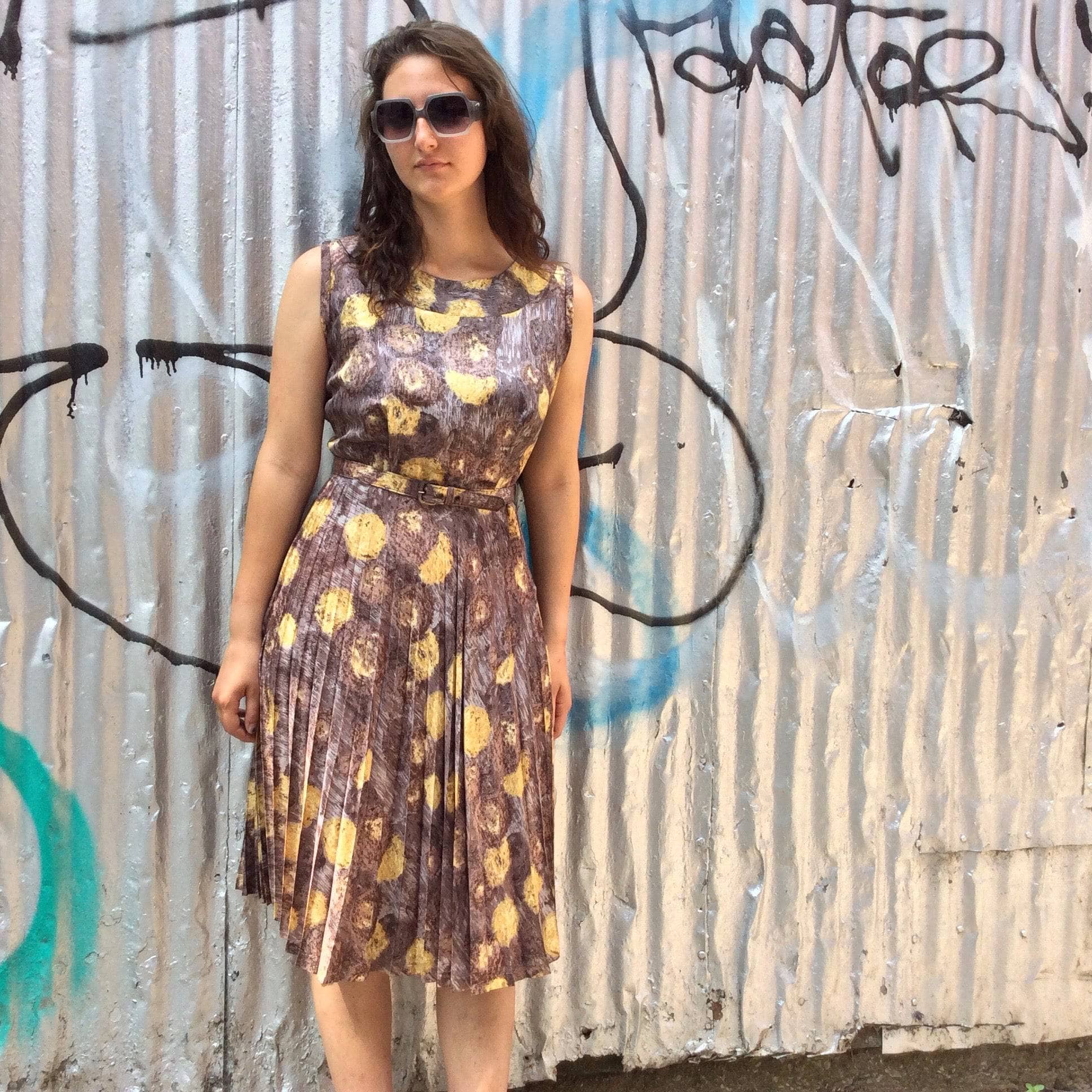 1950s Sunburst Pleated Sleeveless Dress Size Medium sold by bohemevintage.com Montreal