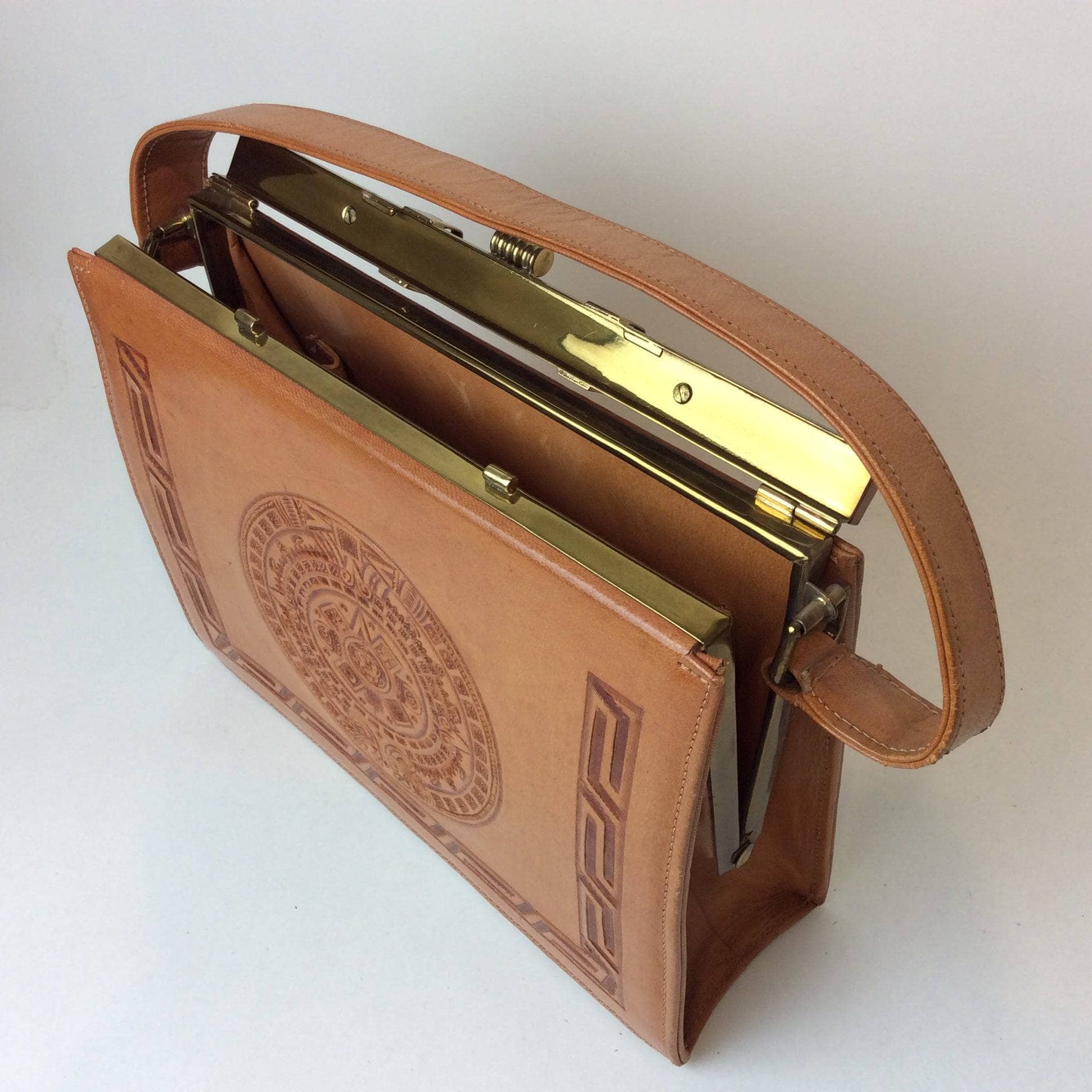 1950s Vintage Floral and Aztec Calendar Tooled Tan Leather Purse