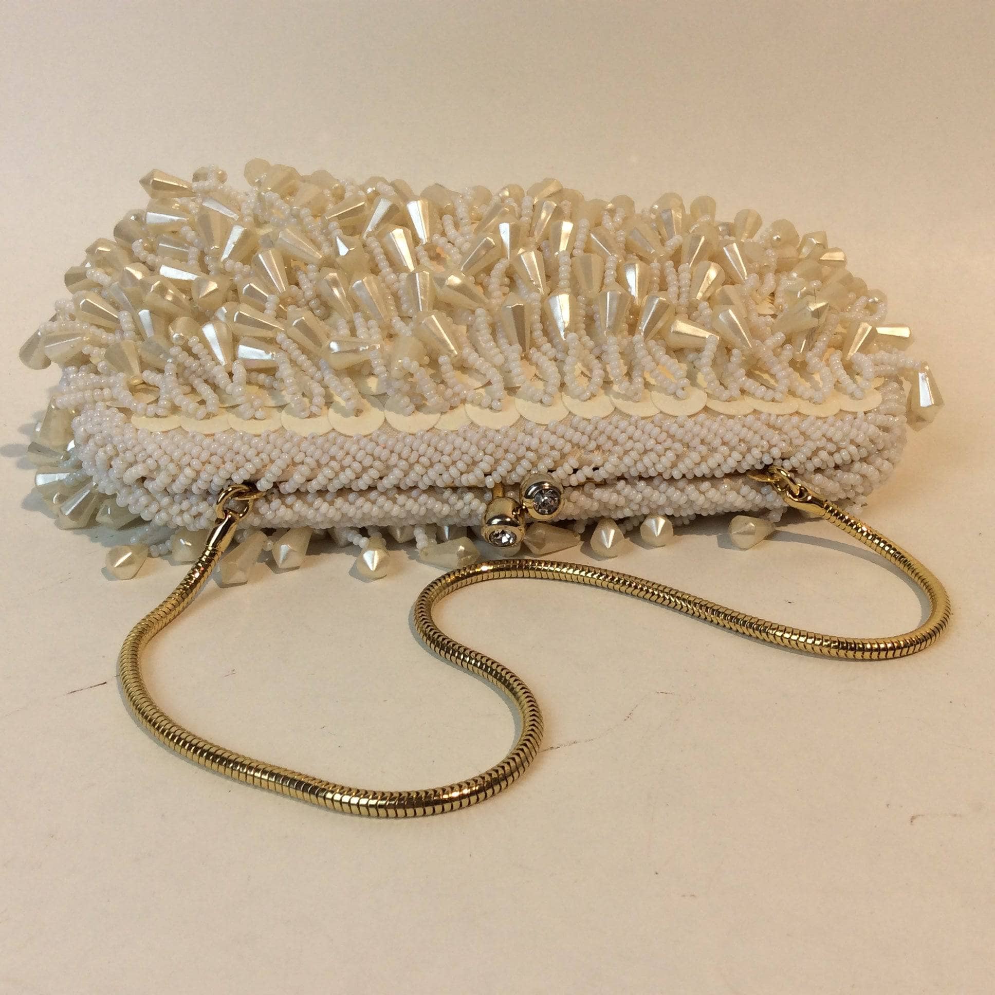 1960's "Geo Mercier" Ivory Bead and Sequin Evening Bag Clutch sold by bohemevintage.com Montréal