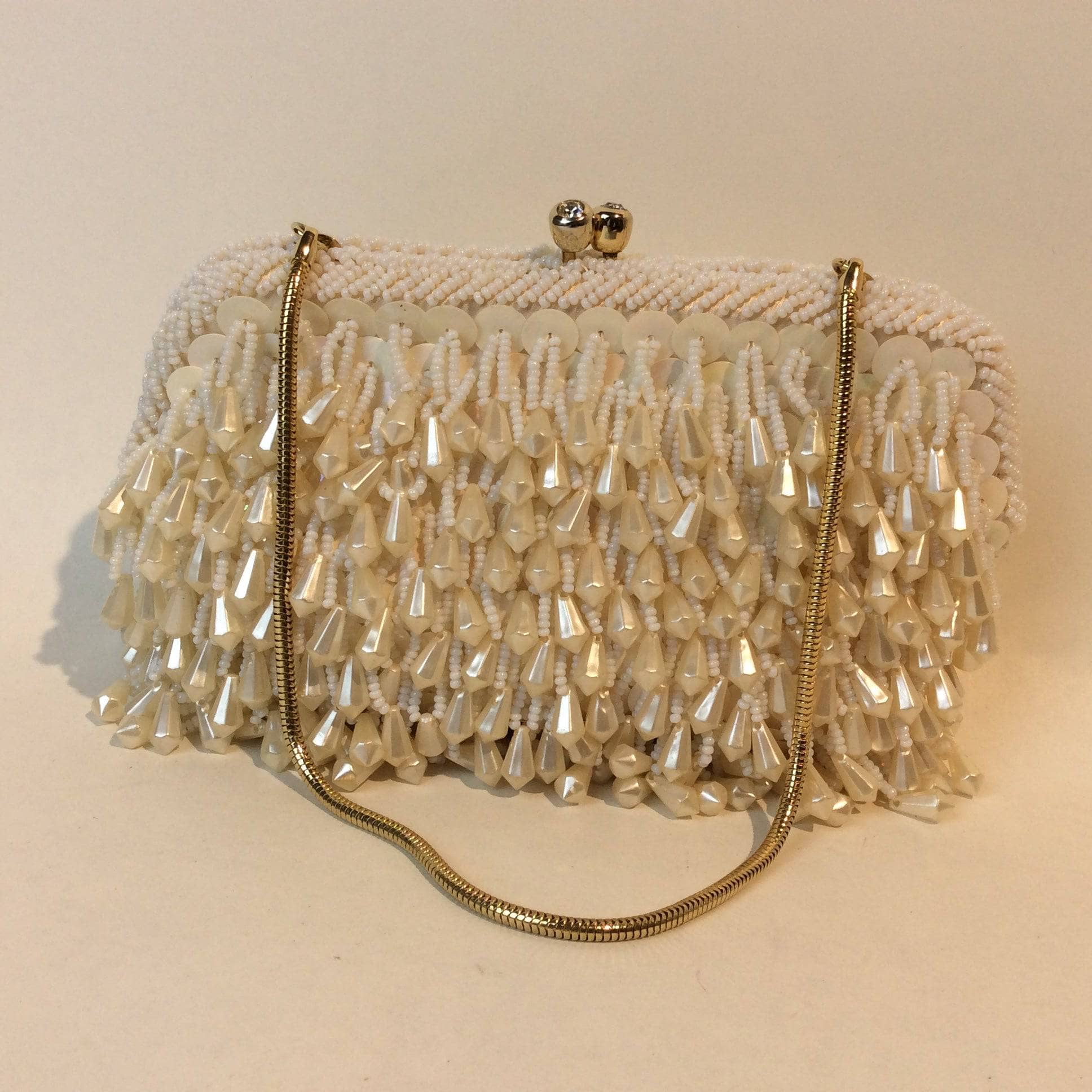 1960's "Geo Mercier" Ivory Bead and Sequin Evening Bag Clutch sold by bohemevintage.com Montréal
