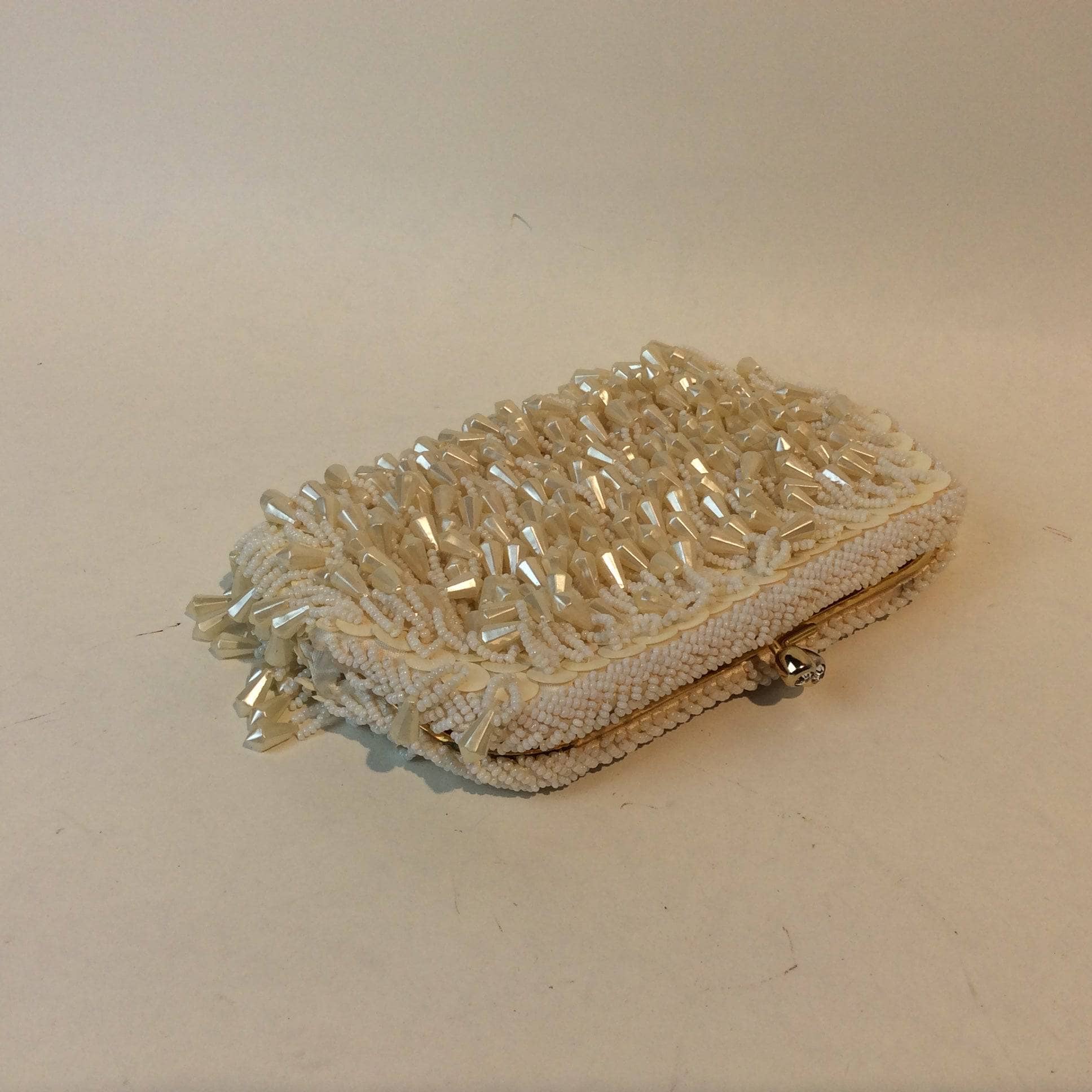 1960's "Geo Mercier" Ivory Bead and Sequin Evening Bag Clutch sold by bohemevintage.com Montréal