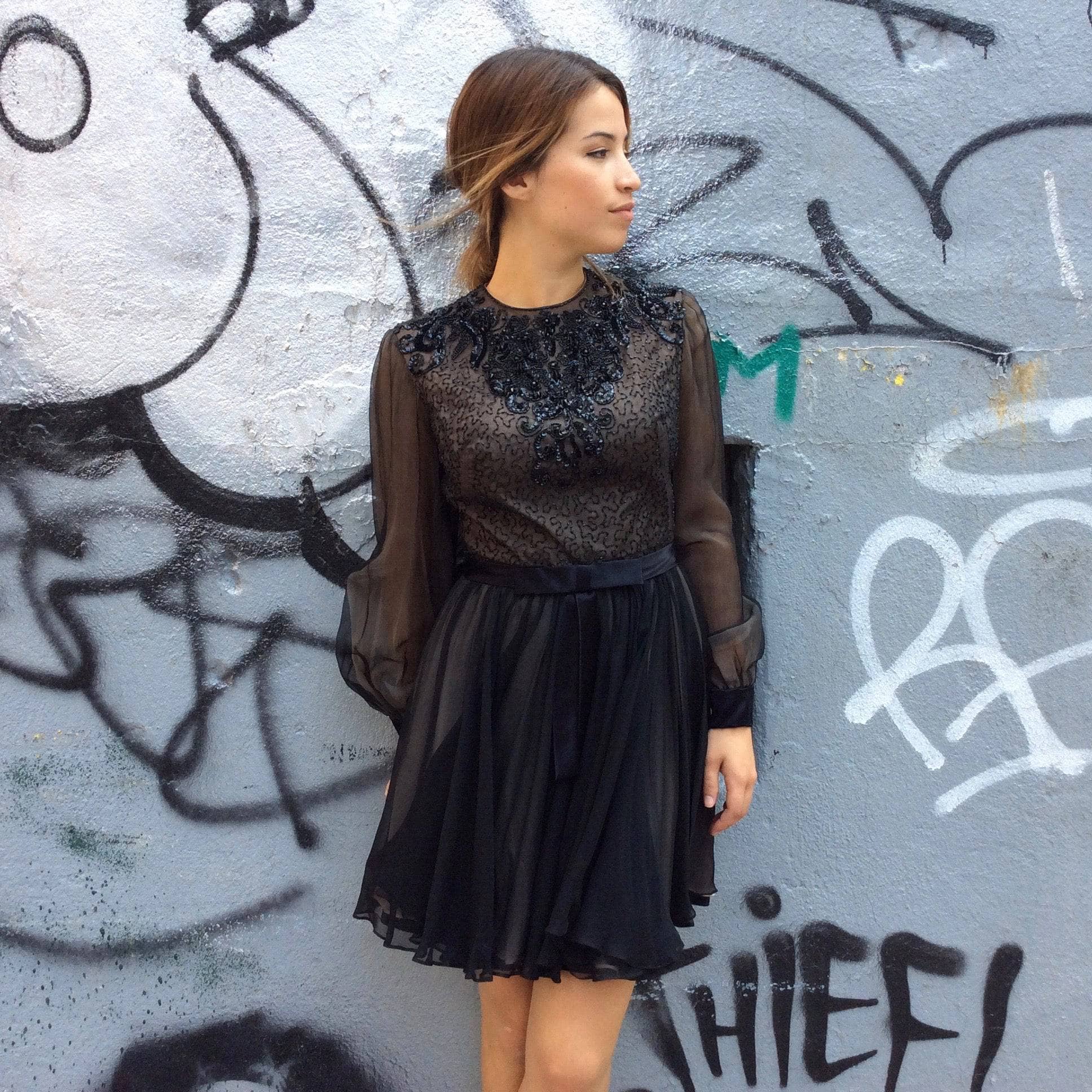 1960s "Lily Simon" Sequin and Beaded Silk Chiffon Couture Mini Dress Size Small sold by bohemevintage.com Montréal