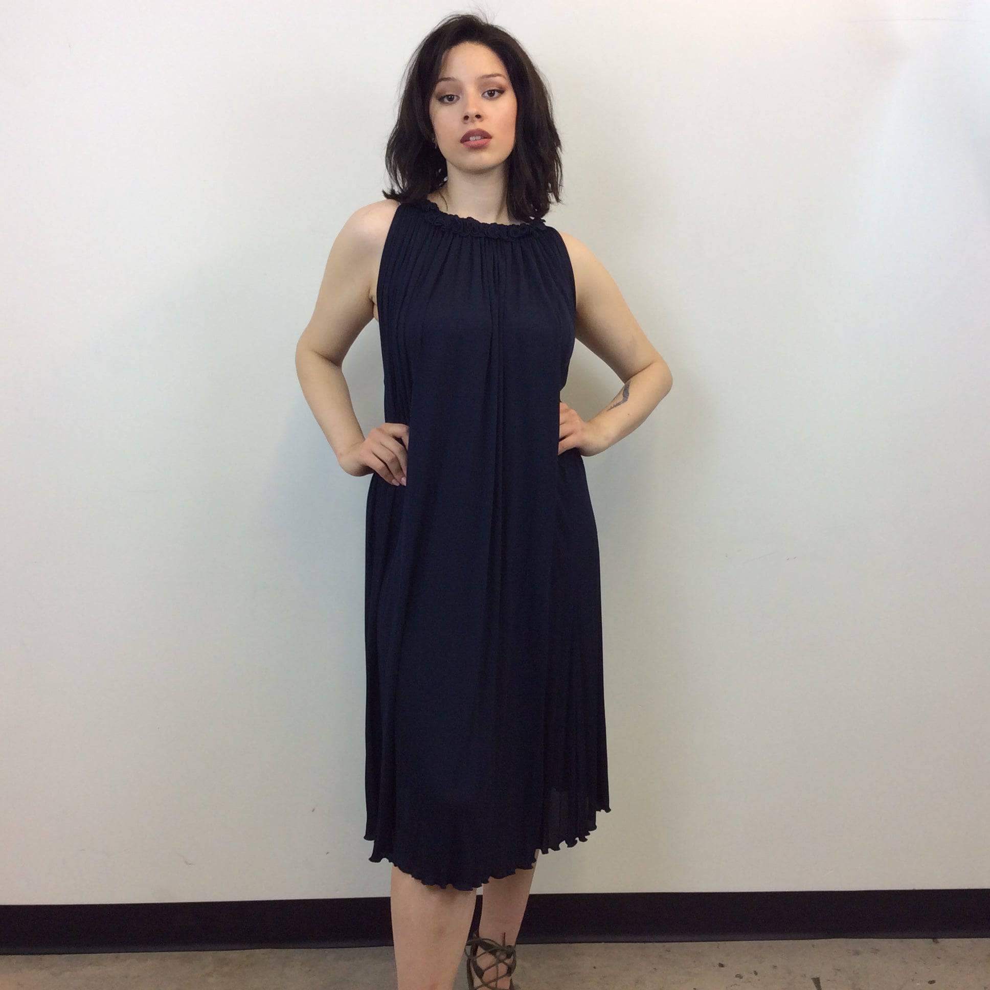 1970-80s Jean Varon Designer Navy Blue Trapeze Midi Dress size Medium/Large sold by bohemevintage.com in Montreal