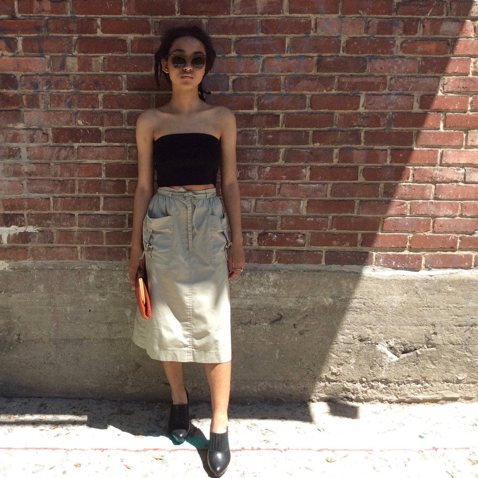 1970s- 80s Designer Christian Dior Cargo Beige Cotton Skirt, sold by bohemevintage.com Montréal