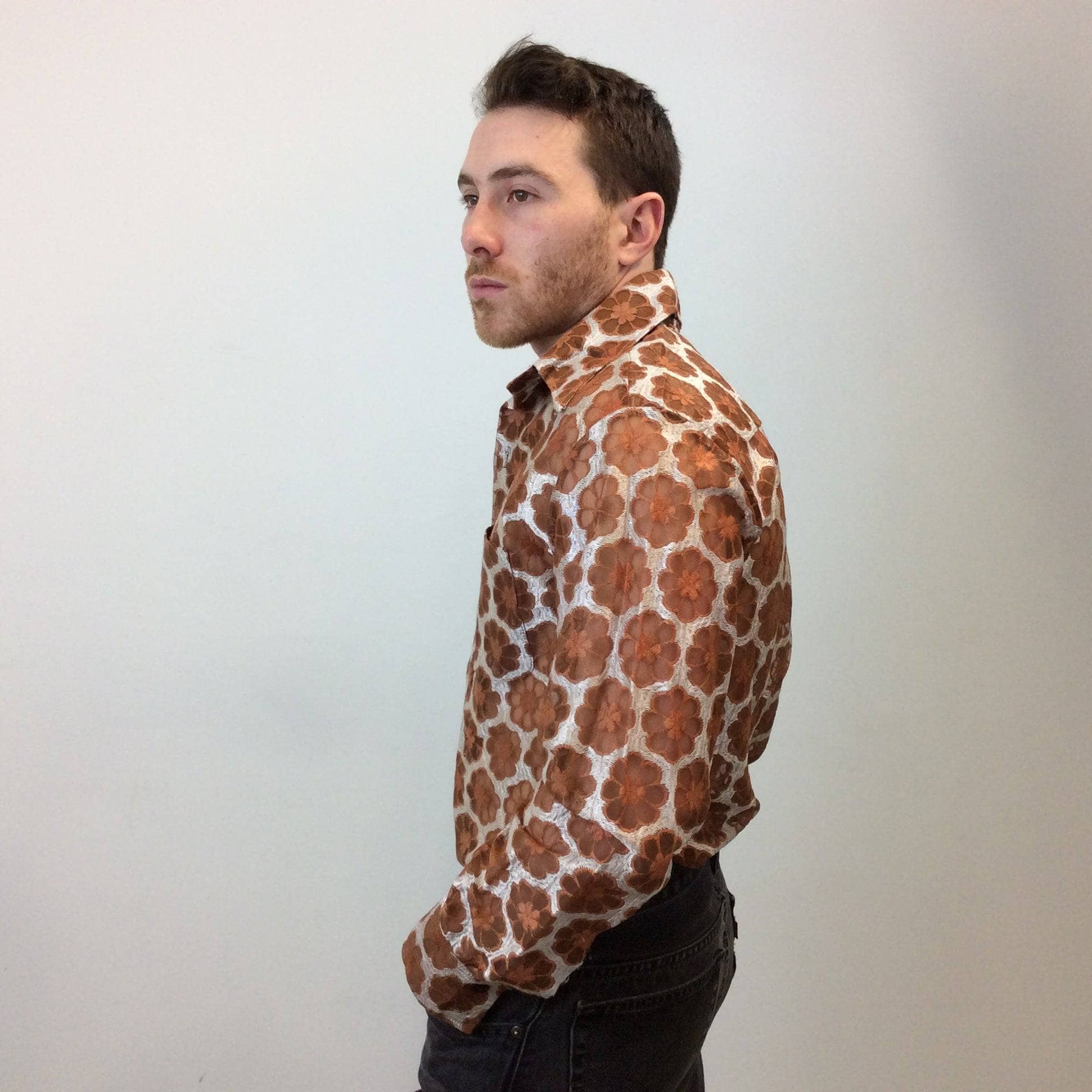 Sidee view of 1970s Men's Dead stock See-Through Disco Shirt Size Medium sold by bohemevintage.com Montreal