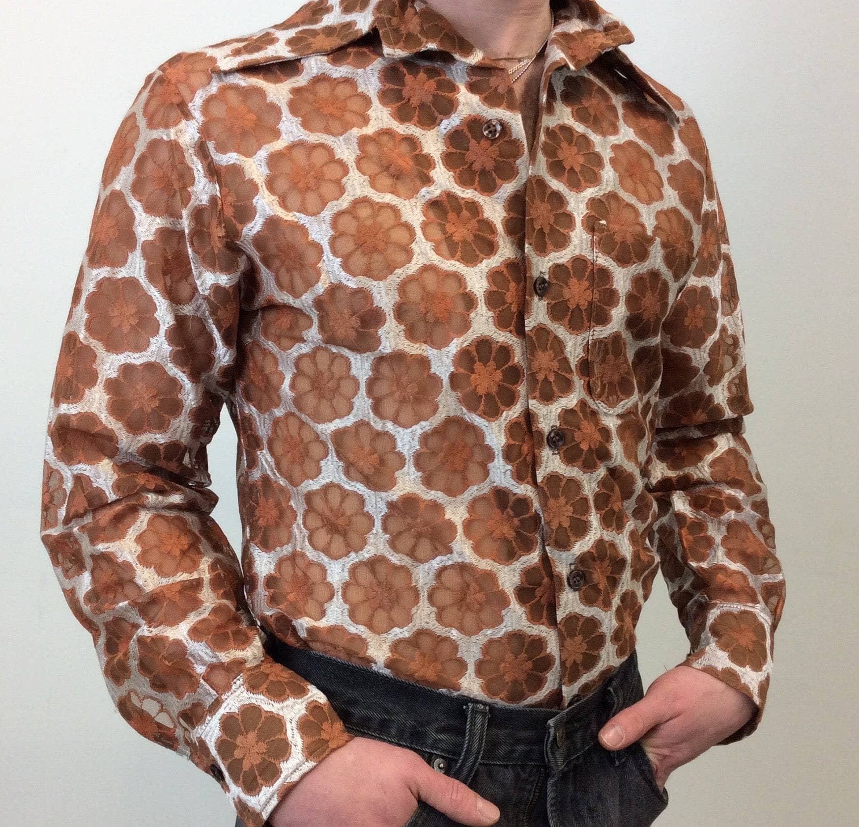 Close-up view of fabric of 1970s Men's Dead stock See-Through Disco Shirt Size Medium sold by bohemevintage.com Montreal