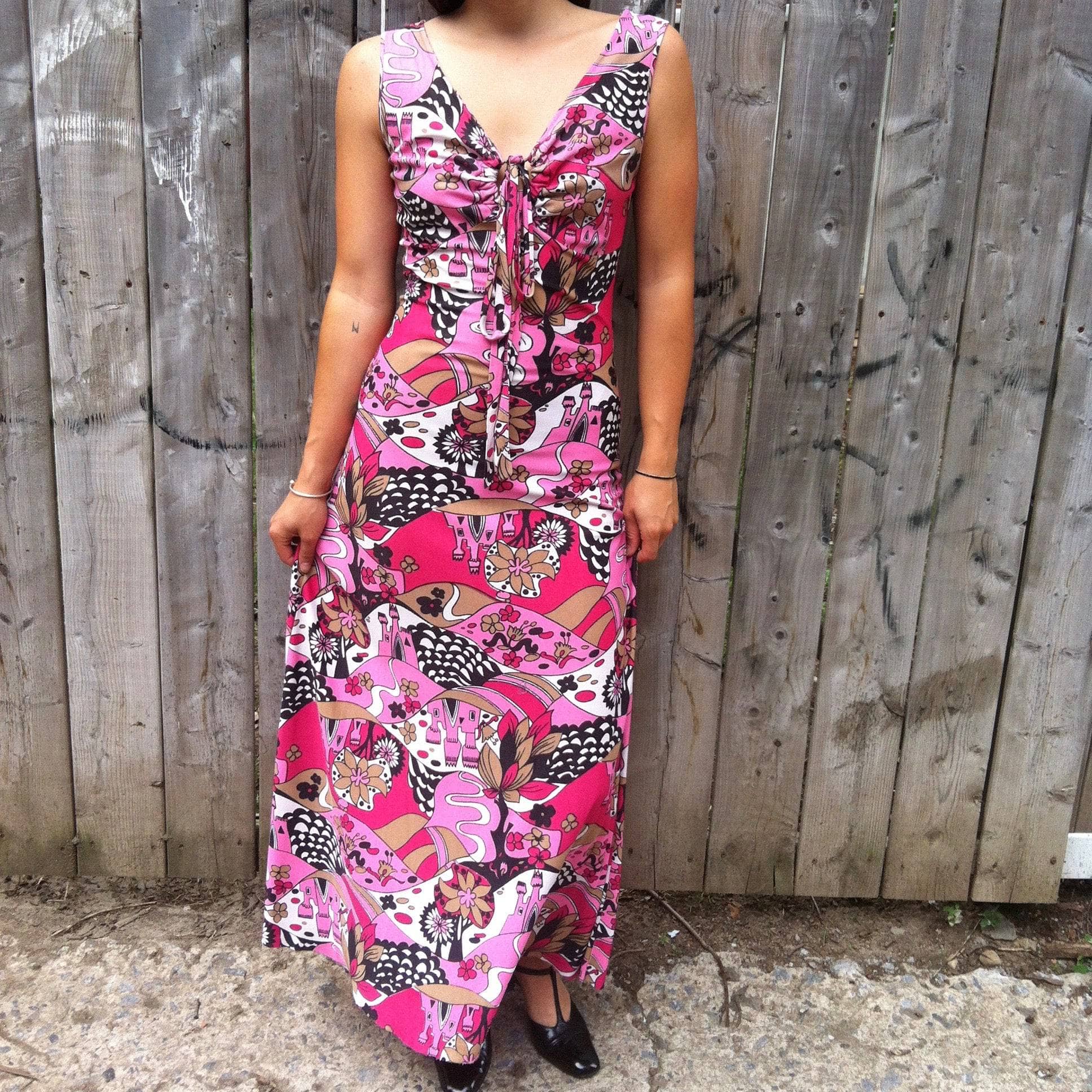 1970s Sleeveless Bold Print Maxi Dress size small sold by bohemevintage.com