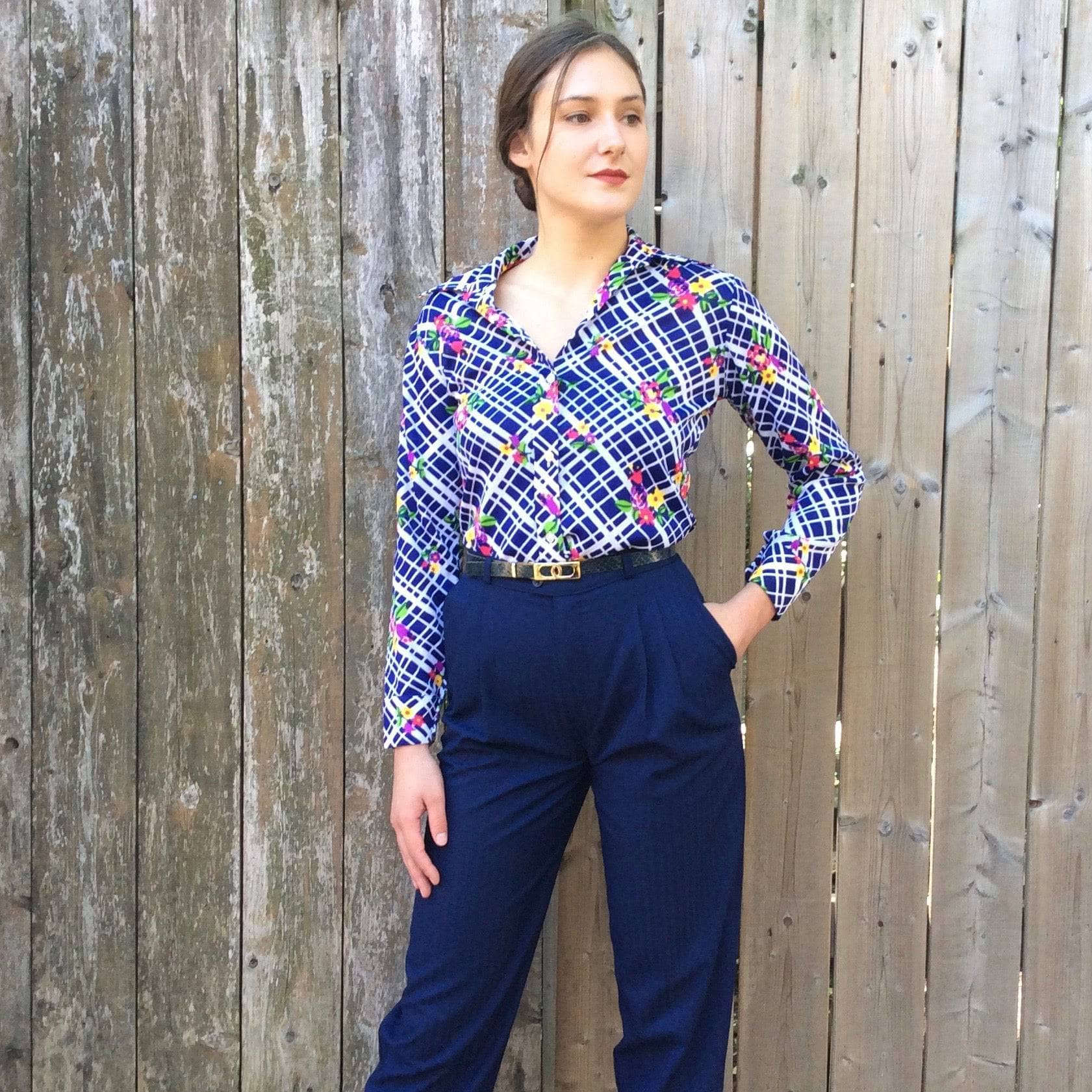 1980-90s navy blue high waisted pleated pants sold by Bohème Vintage