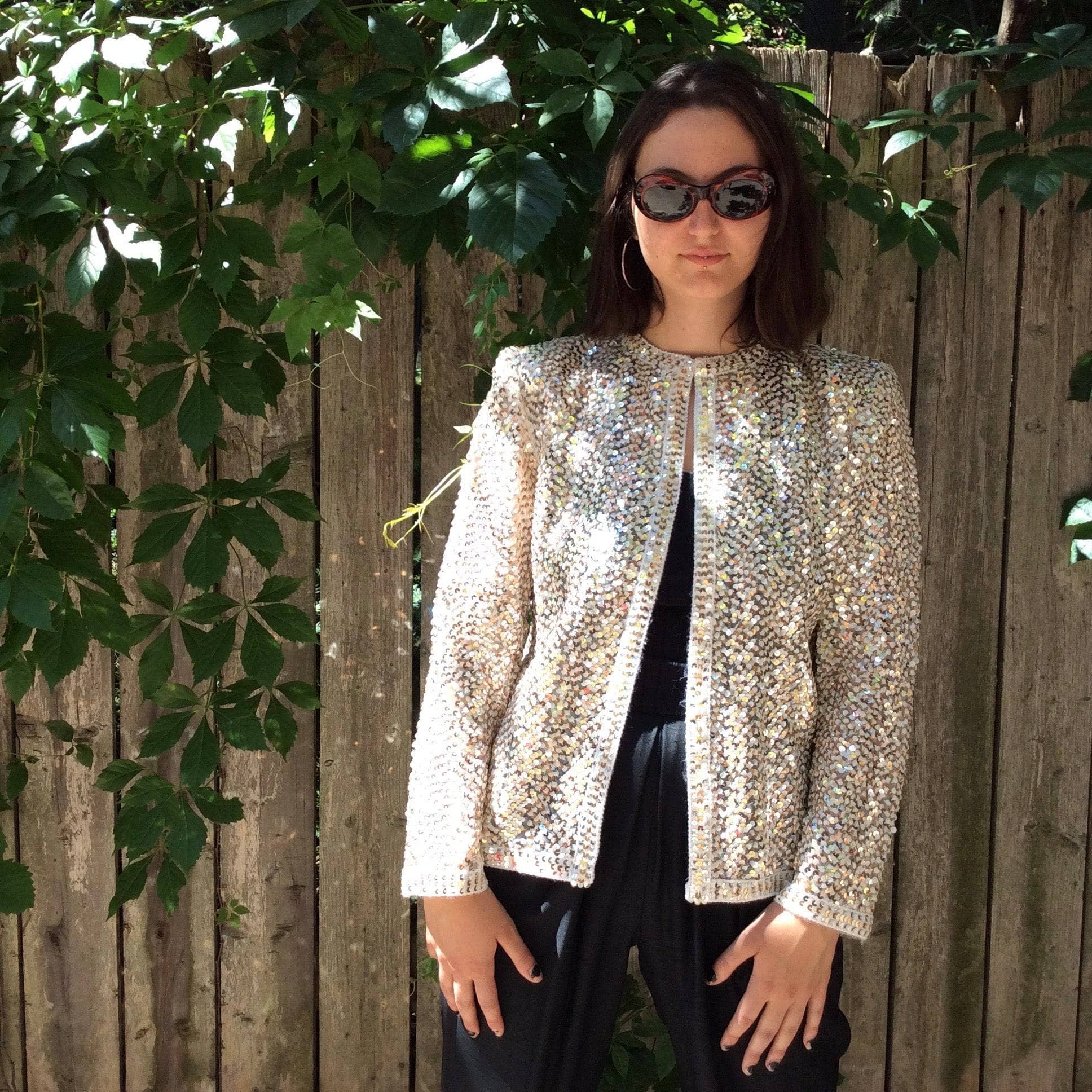 1980s/1990s Silver and Gold Sequin Short Jacket Size Medium, sold by bohemevintage.com Montreal