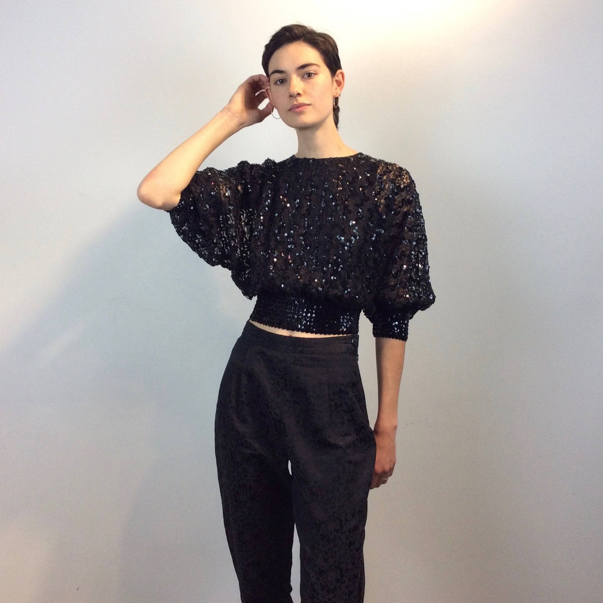 1980s Batwing Sleeve Lace and Sequin Black Top Size small-Medium sold by bohemevintage.com Montreal