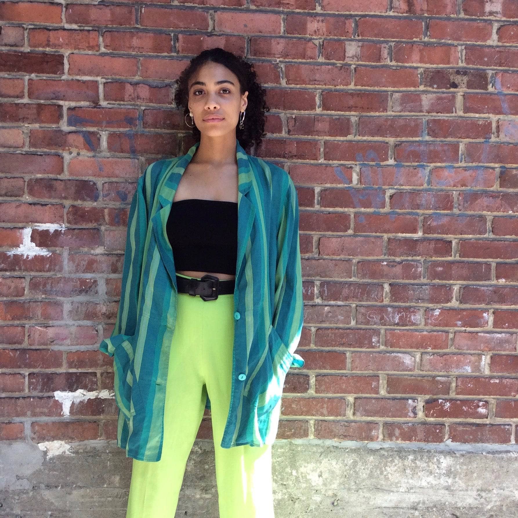 1980s "Giancarlo Ricci" Designer Unstructured Oversize Striped Green Blazer , sold by bohemevintage.com Montréal