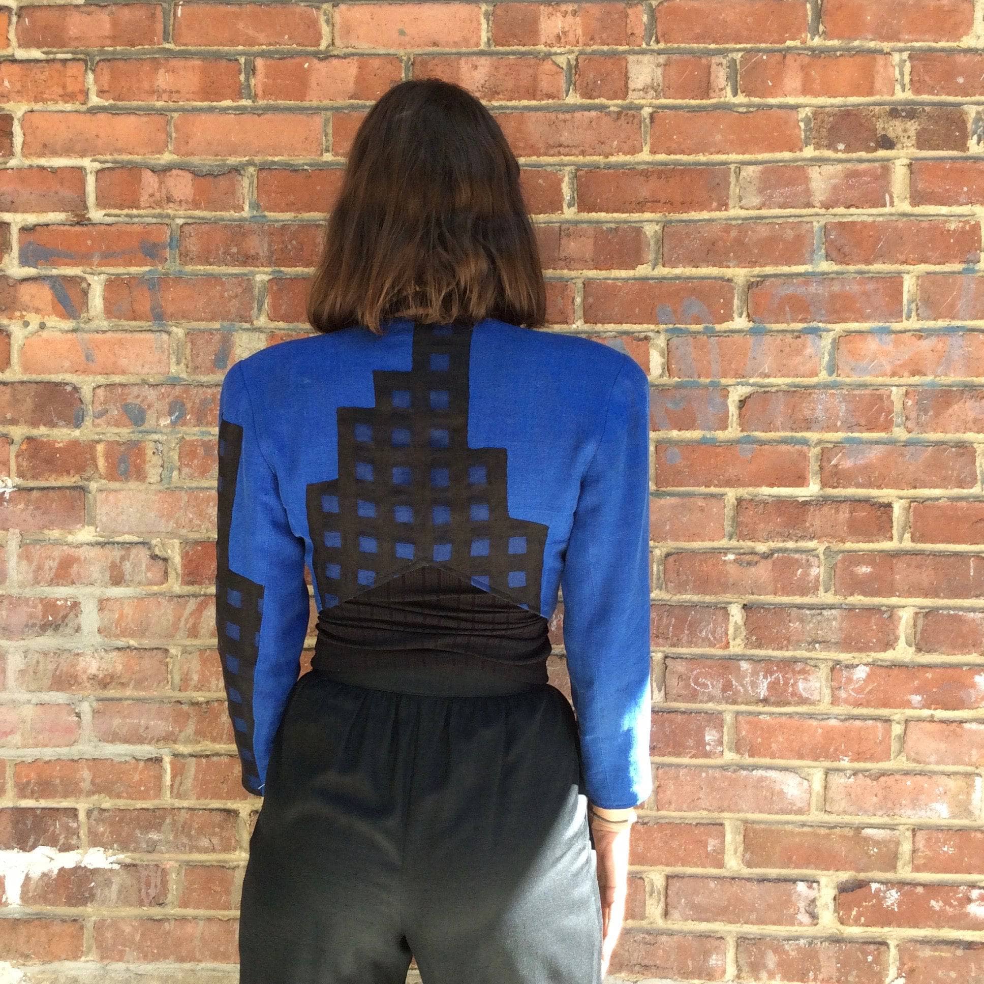 Back view of 1980s Jean Airoldi Designer Bolero Linen Blazer Size Small sold by bohemevintage.com