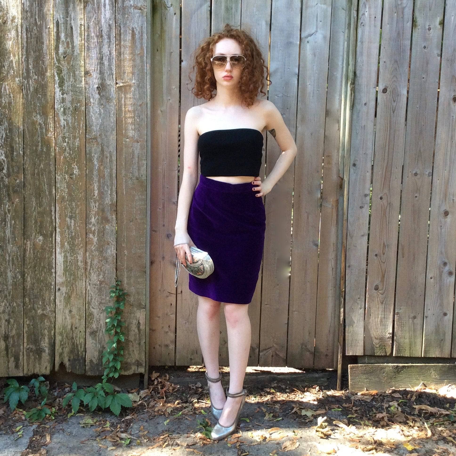 1980s "Le Château" High-waisted Purple Velvet Fitted Skirt, for sale at bohemevintage.com Montréal