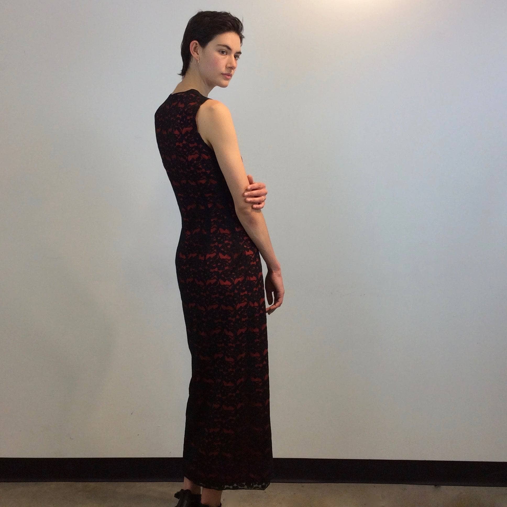 1990s Sleeveless Front Slit Maxi Length Black Lace Sheath Dress, Size Small sold by Boheme Vintage Montreal