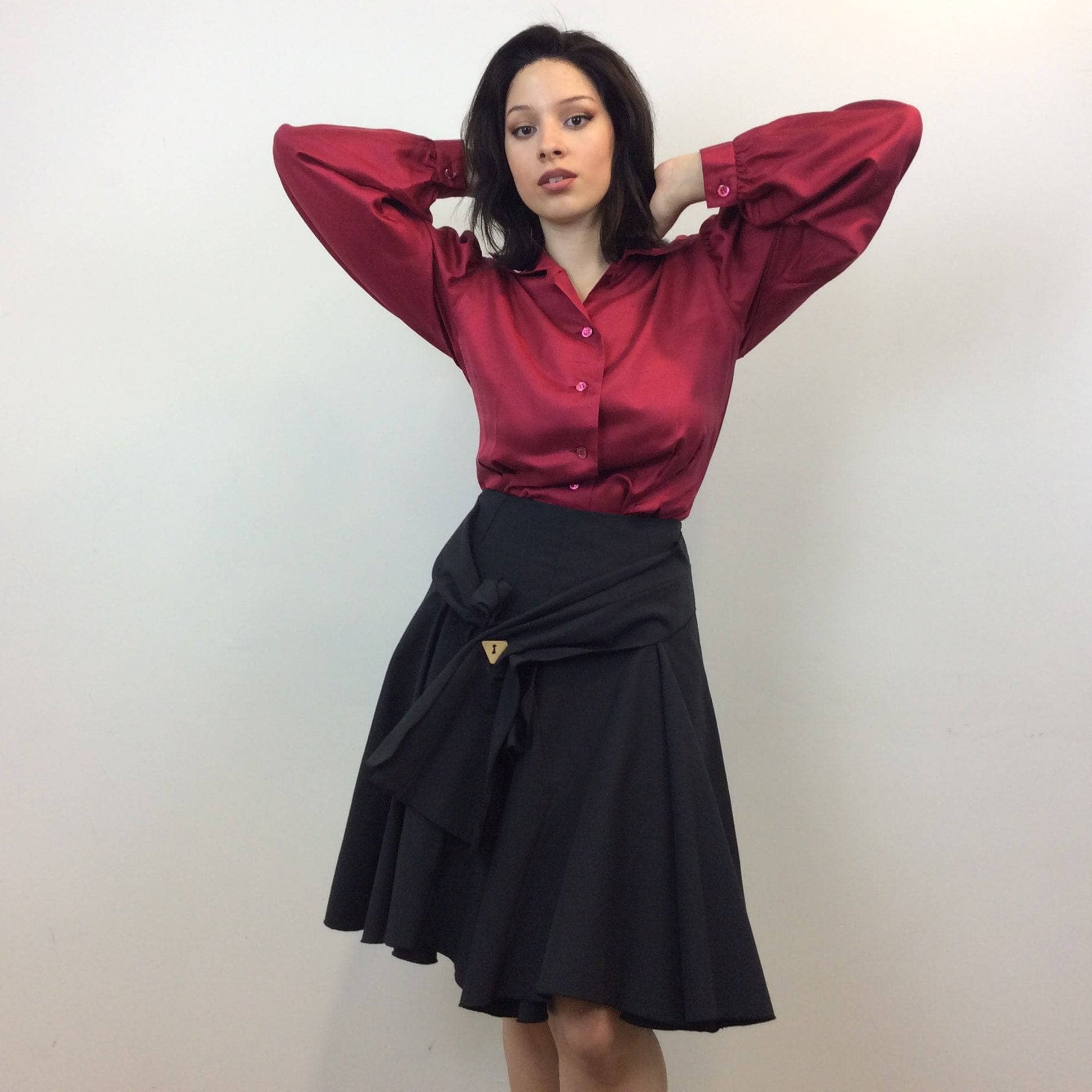 1990s George Lévesque Tiered Knee Length Black Skirt size Medium sold by bohemevintage.com