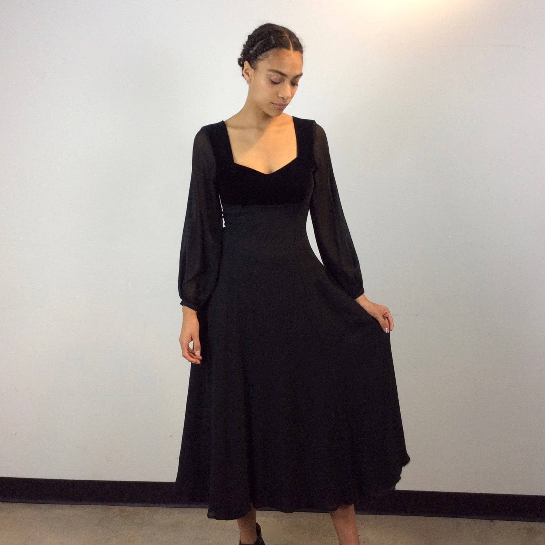 1990s Laura Ashley Long Sleeve Flowy Black silk and velvet Midi Dress size Small, made in the UK