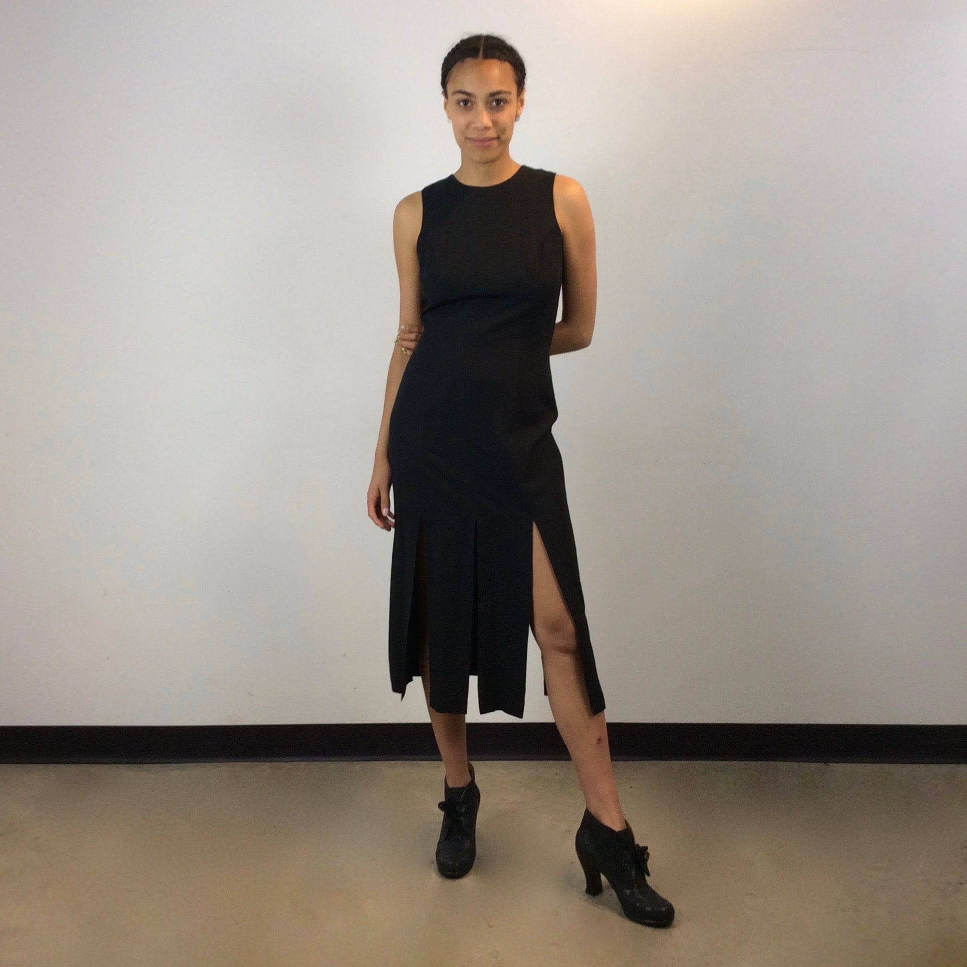 1990s Multiple Slits Open Back Sleeveless Black Midi Dress, size small