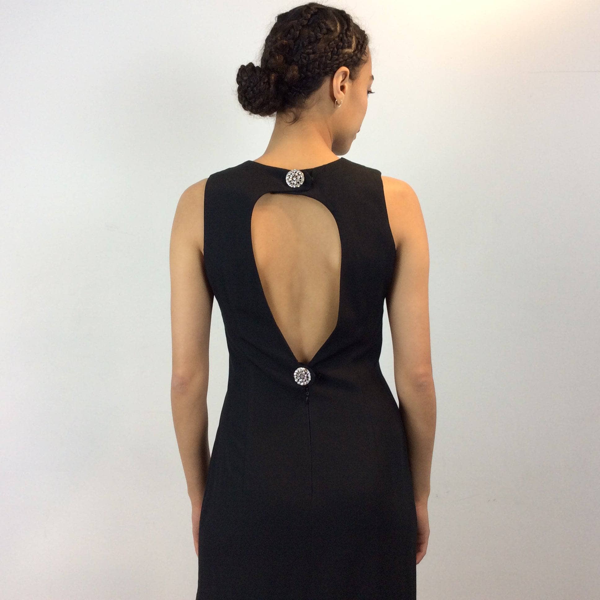 1990s Multiple Slits Open Back Sleeveless Black Midi Dress, size small