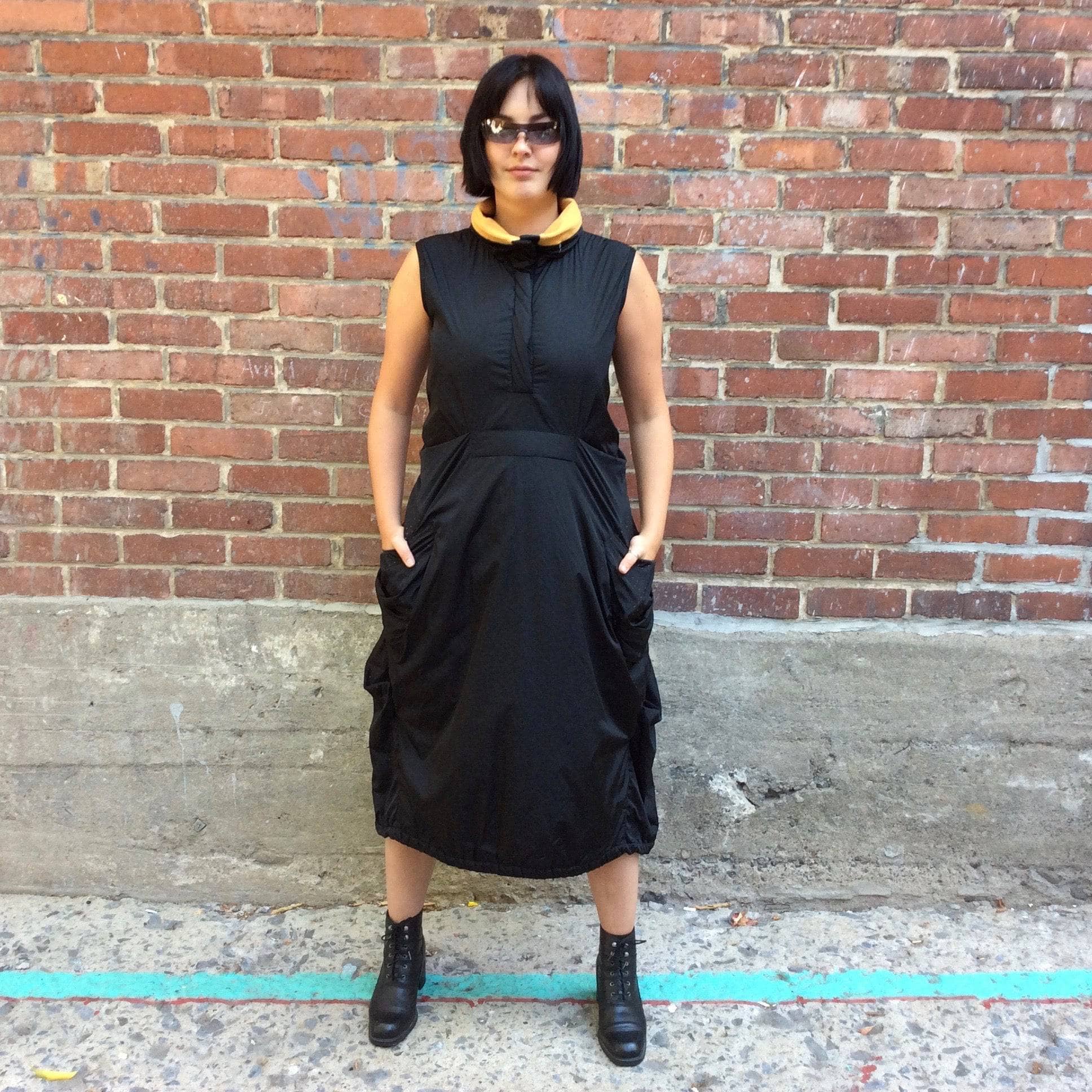 2000s "Marithé François Girbaud" Mid-Length Quilted Black Dress size Medium, sold by bohemevintage.com Montreal