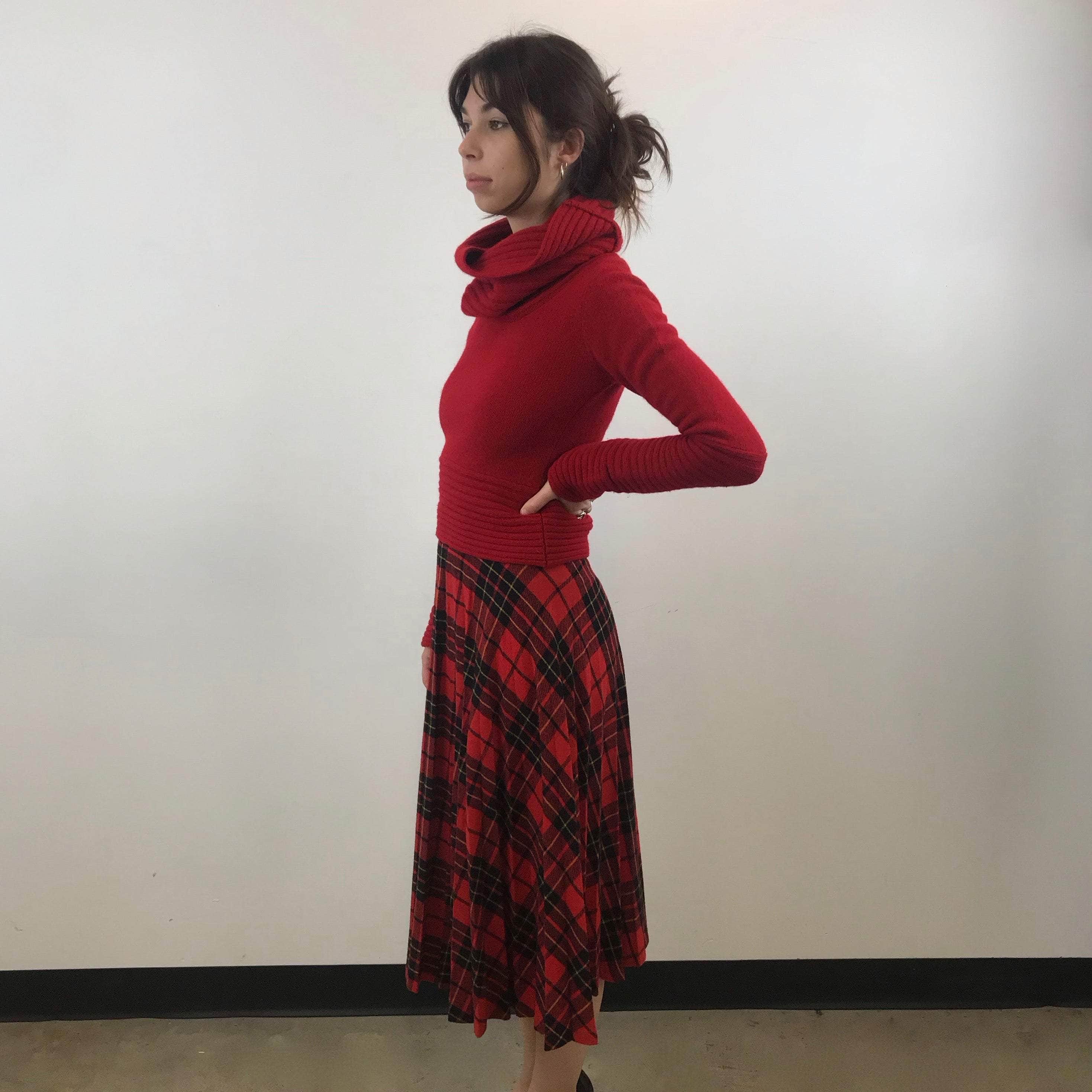 Side view of 1970s Sunray Pleated Plaid Midi Skirt size XS-S Sold by bohemevintage.com