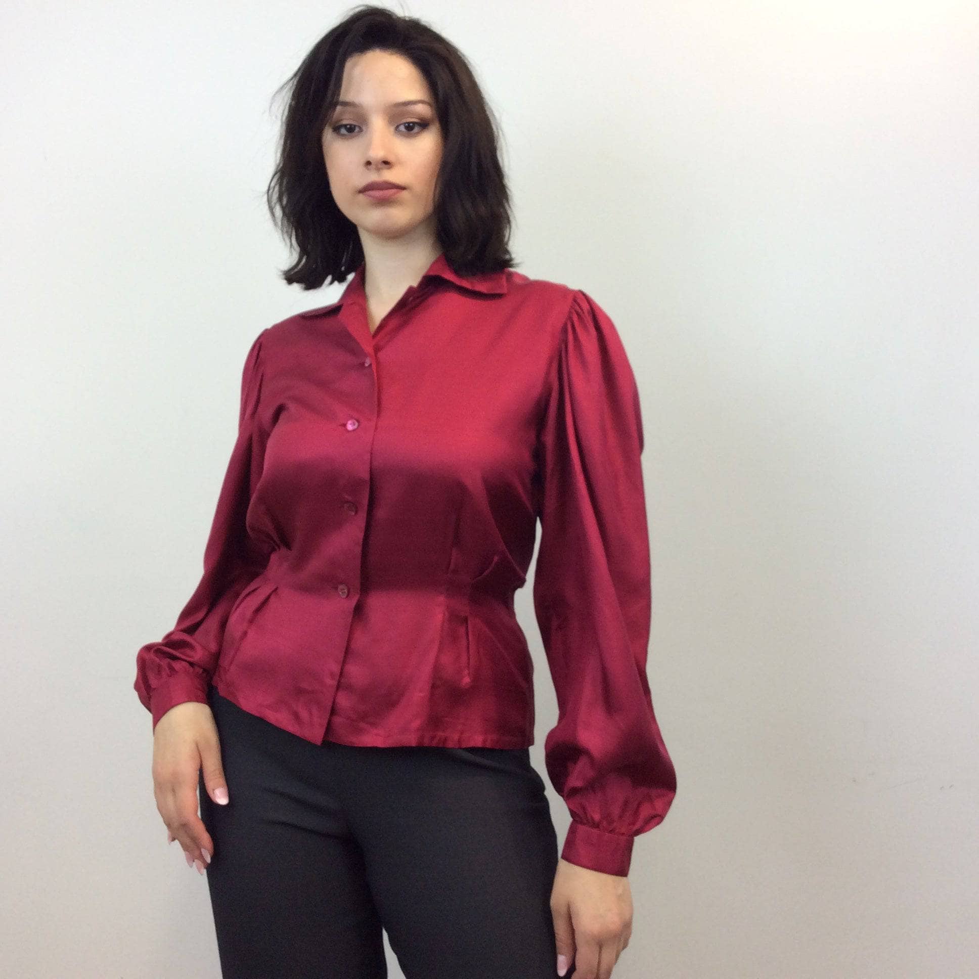 Pierre Balmain Paris Cherry Red Puffy Sleeve Silk Blouse size 42 medium sold by bohemevintage.com