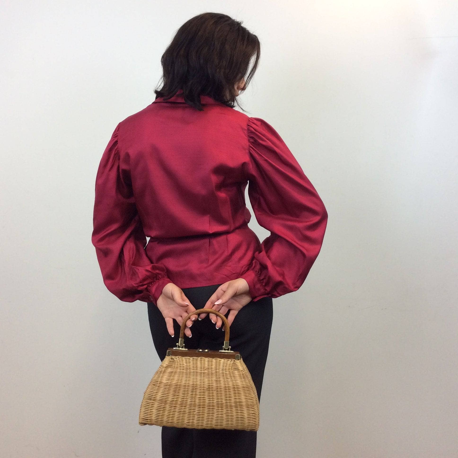 Back view of Pierre Balmain Paris Cherry Red Puffy Sleeve Silk Blouse size 42 medium sold by bohemevintage.com