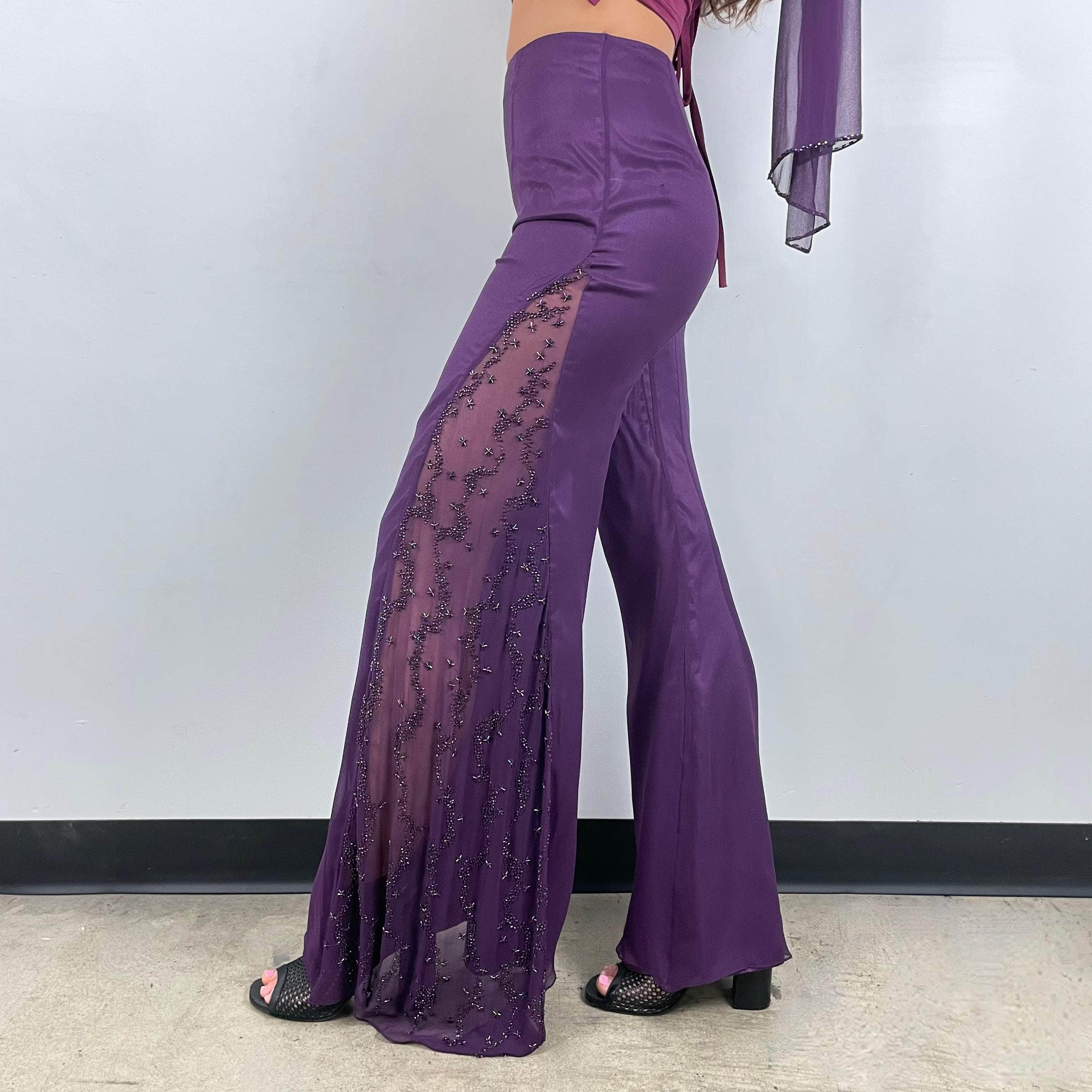Close up view of beaded sheer panel of Purple Mid-Rise Flared Silk Pants Size X-Small / Small sold at bohemevintage.com Montreal