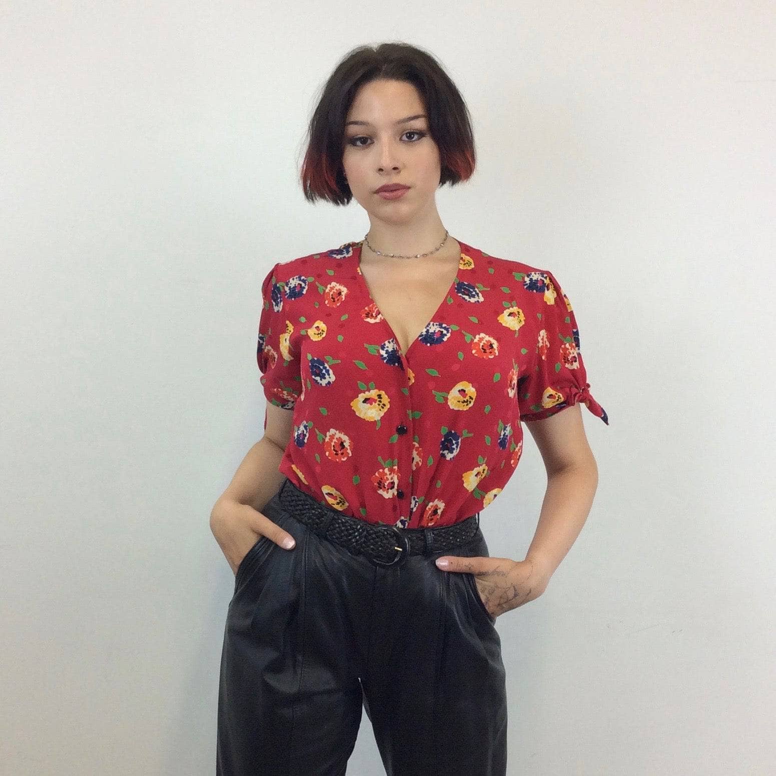 Ungaro 1980s Short Sleeve floral print Red Silk Blouse size Medium sold by bohemevntage.com