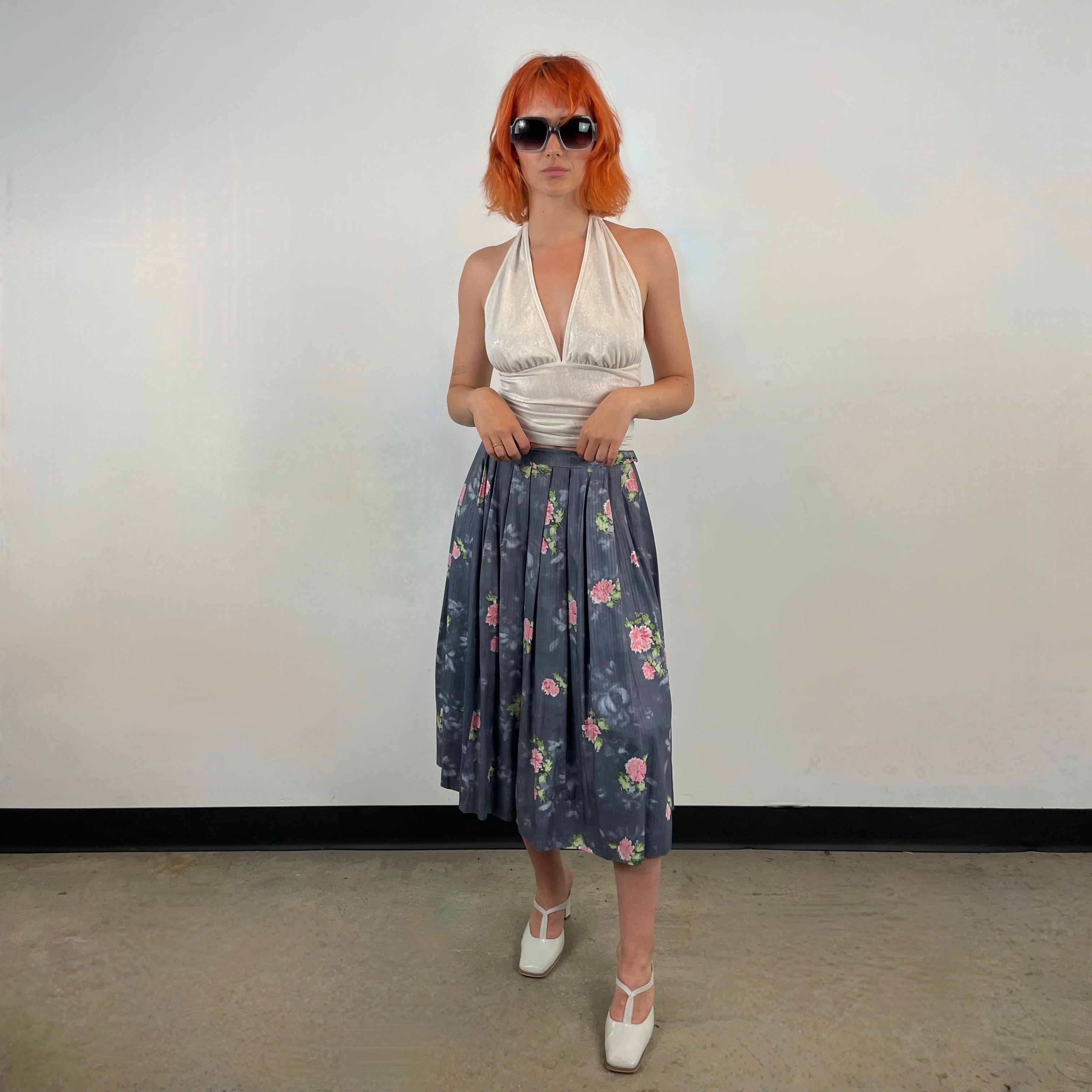 Boheme Vintage – Vintage 1950s Handmade Floral Cotton Pleated Midi Skirt