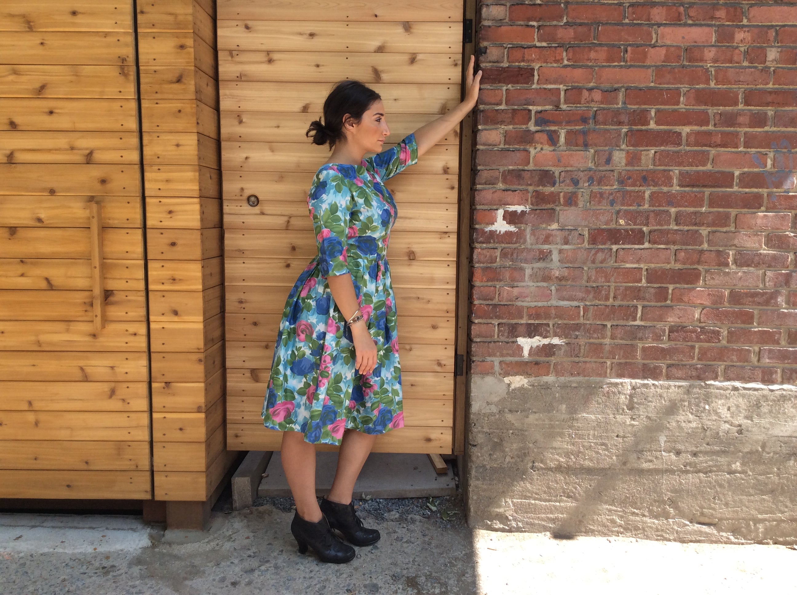 Boheme Vintage 1950s Leo-Danal Montreal cotton dress with painterly print, fitted bodice, and box pleated skirt.