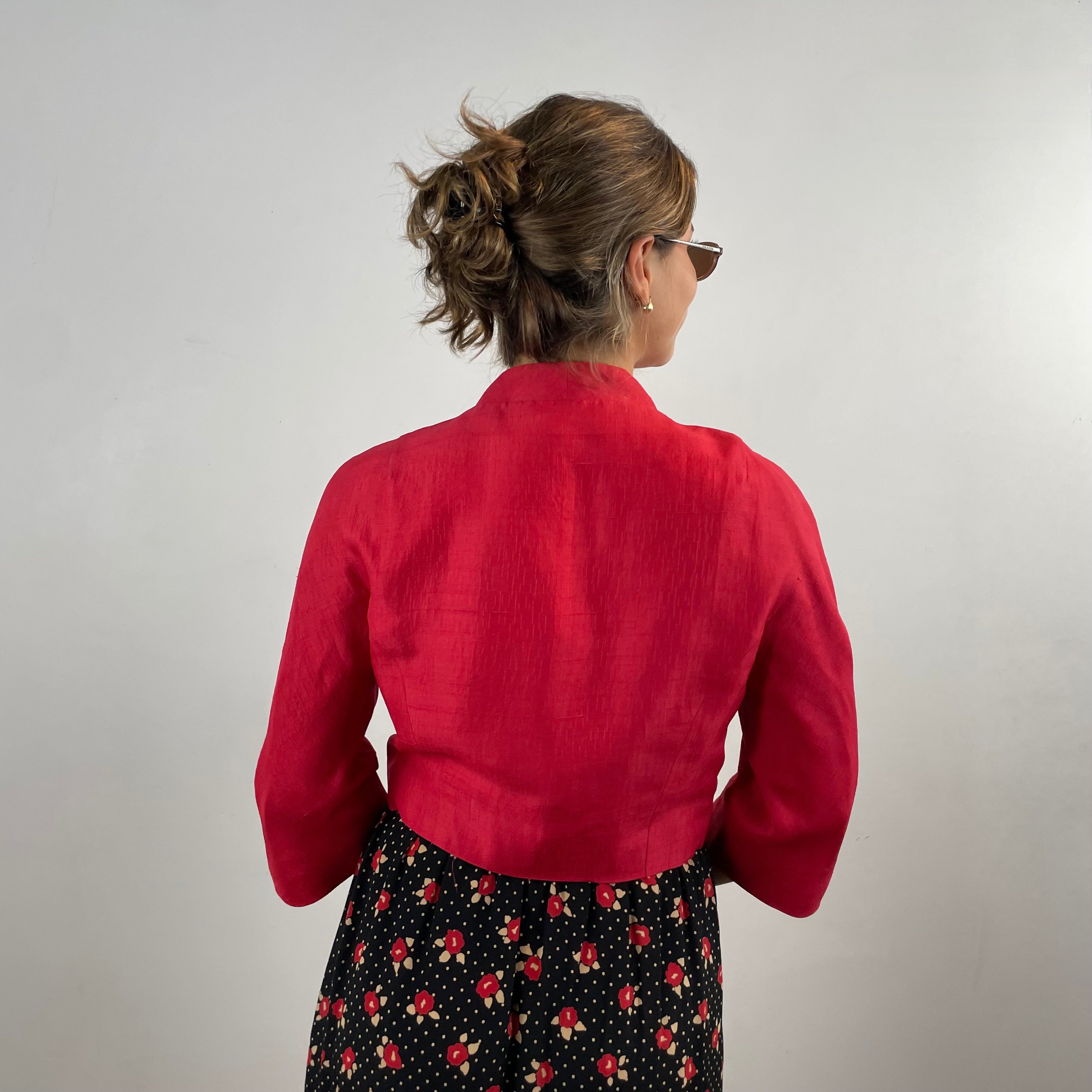 Back view of 1960s Cherry Red Silk Shantung Bolero Blazer size Medium sold at bohemevintage.com