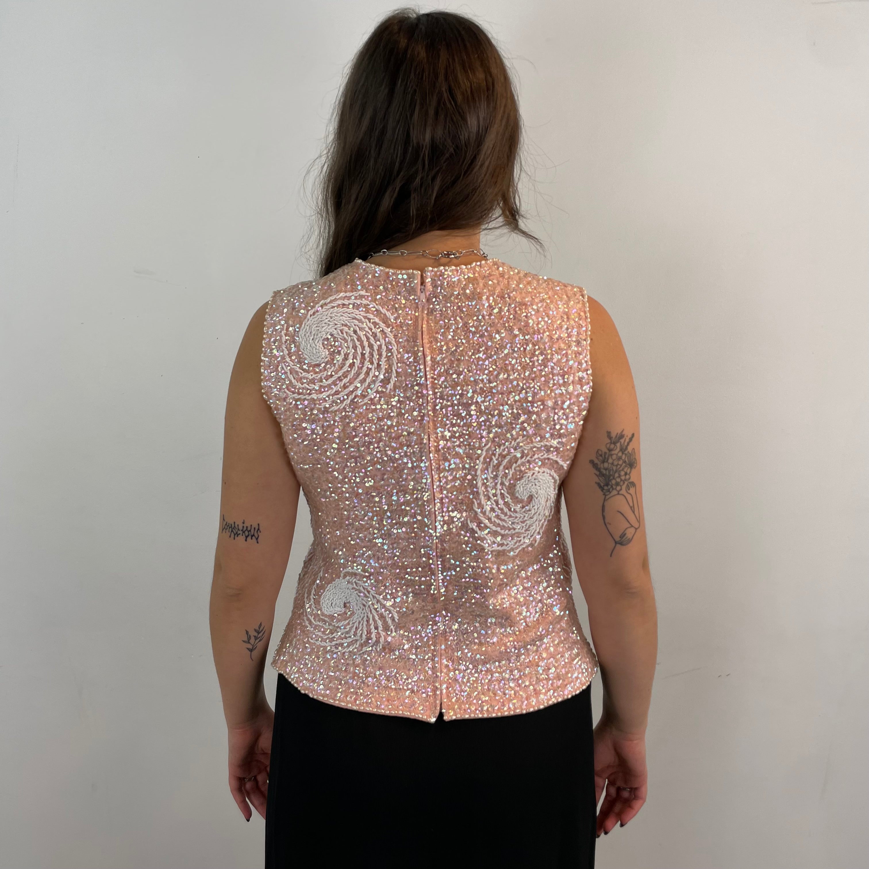 Boheme Vintage – Vintage 1960s Handmade Beaded Wool Jersey Sleeveless Top with Sequin and Pearl Detailing