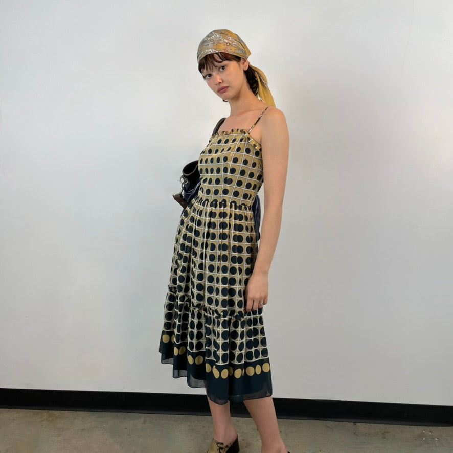 Boheme Vintage – Vintage 1960s VALI Navy and Beige Geometric Summer Dress with Ruffled Hem and Scarf Detail