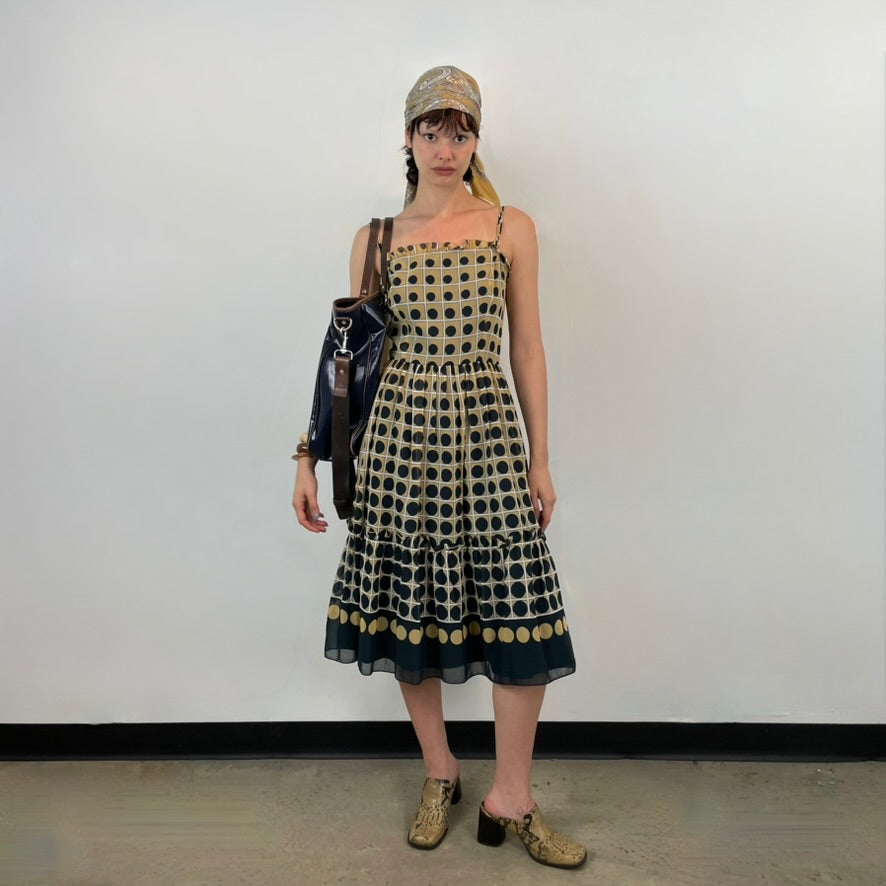 Boheme Vintage – Vintage 1960s VALI Navy and Beige Geometric Summer Dress with Ruffled Hem and Scarf Detail