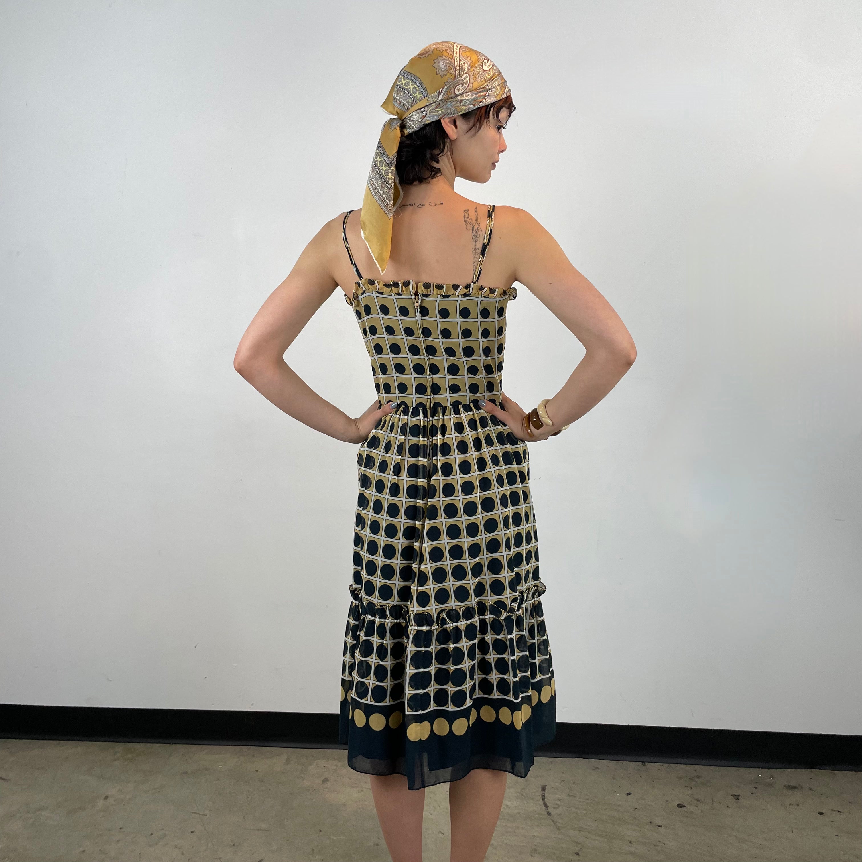 Boheme Vintage – Vintage 1960s VALI Navy and Beige Geometric Summer Dress with Ruffled Hem and Scarf Detail