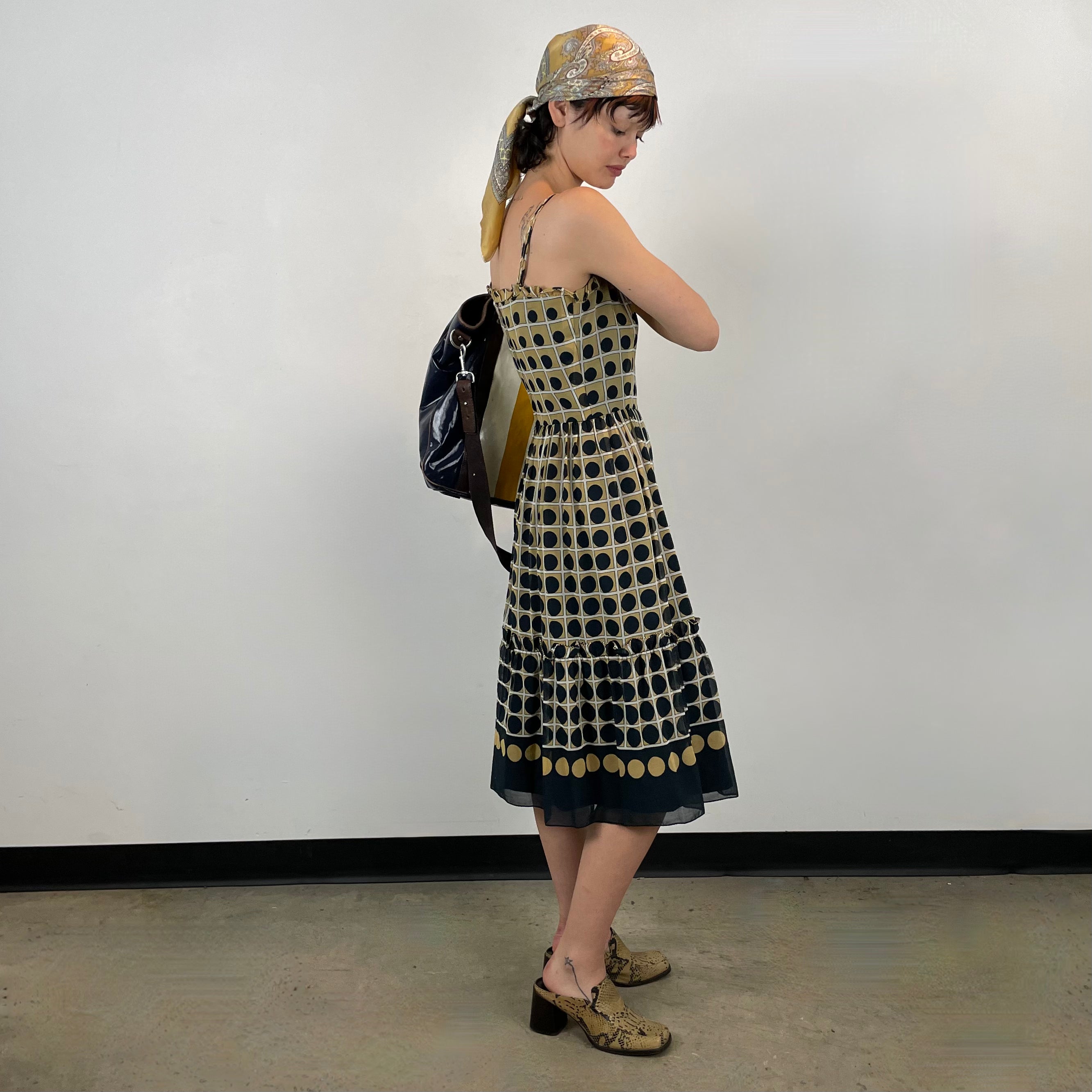 Boheme Vintage – Vintage 1960s VALI Navy and Beige Geometric Summer Dress with Ruffled Hem and Scarf Detail