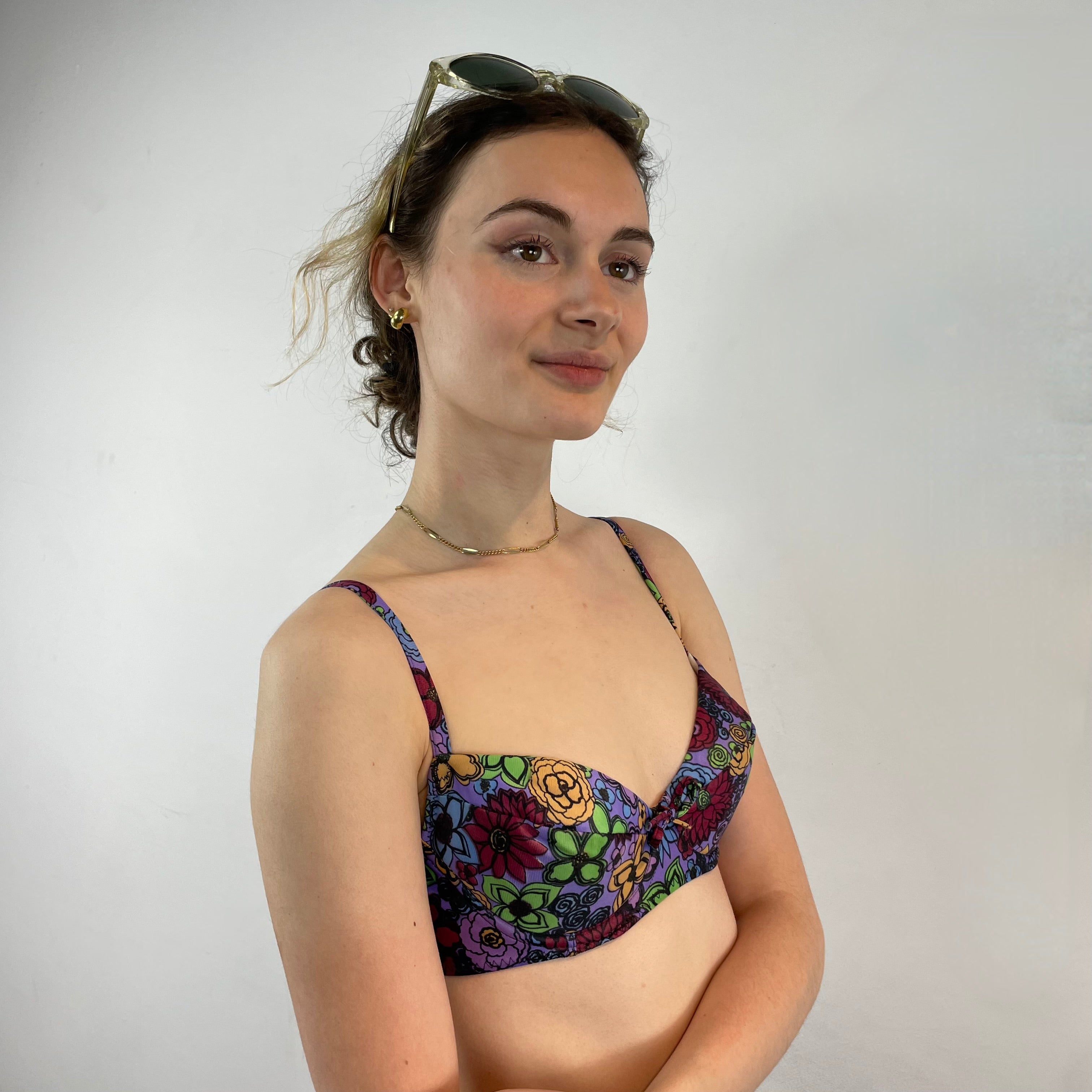 Boheme Vintage 1960s Smart Brassière floral two-piece swimsuit with underwire top, adjustable straps, and mid-rise bottoms.