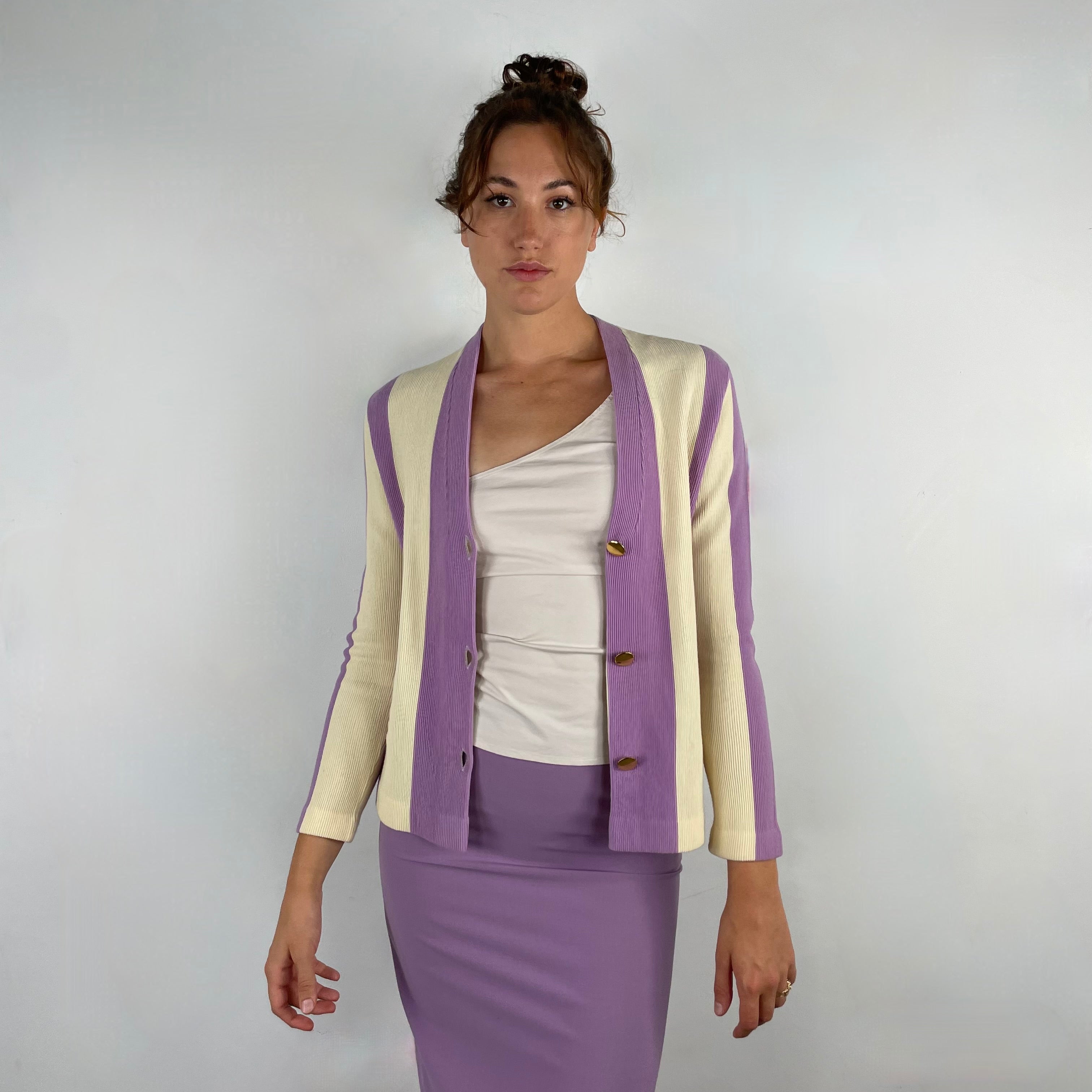 Front View of Boheme Vintage 1960s EP Tricot Lux lavender striped wool knit blazer with gold buttons and boxy silhouette.