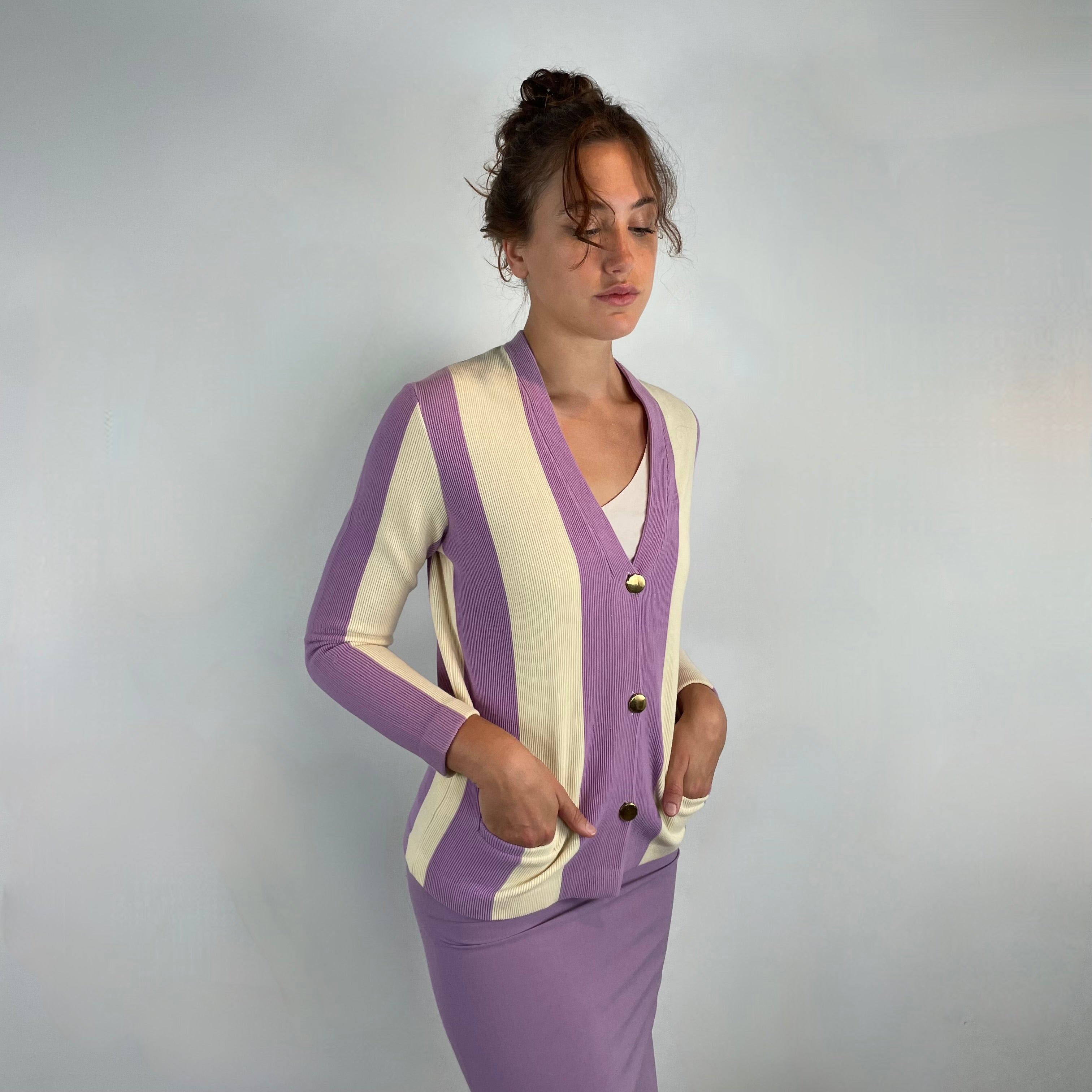 Boheme Vintage 1960s EP Tricot Lux lavender striped wool knit blazer with gold buttons and boxy silhouette.