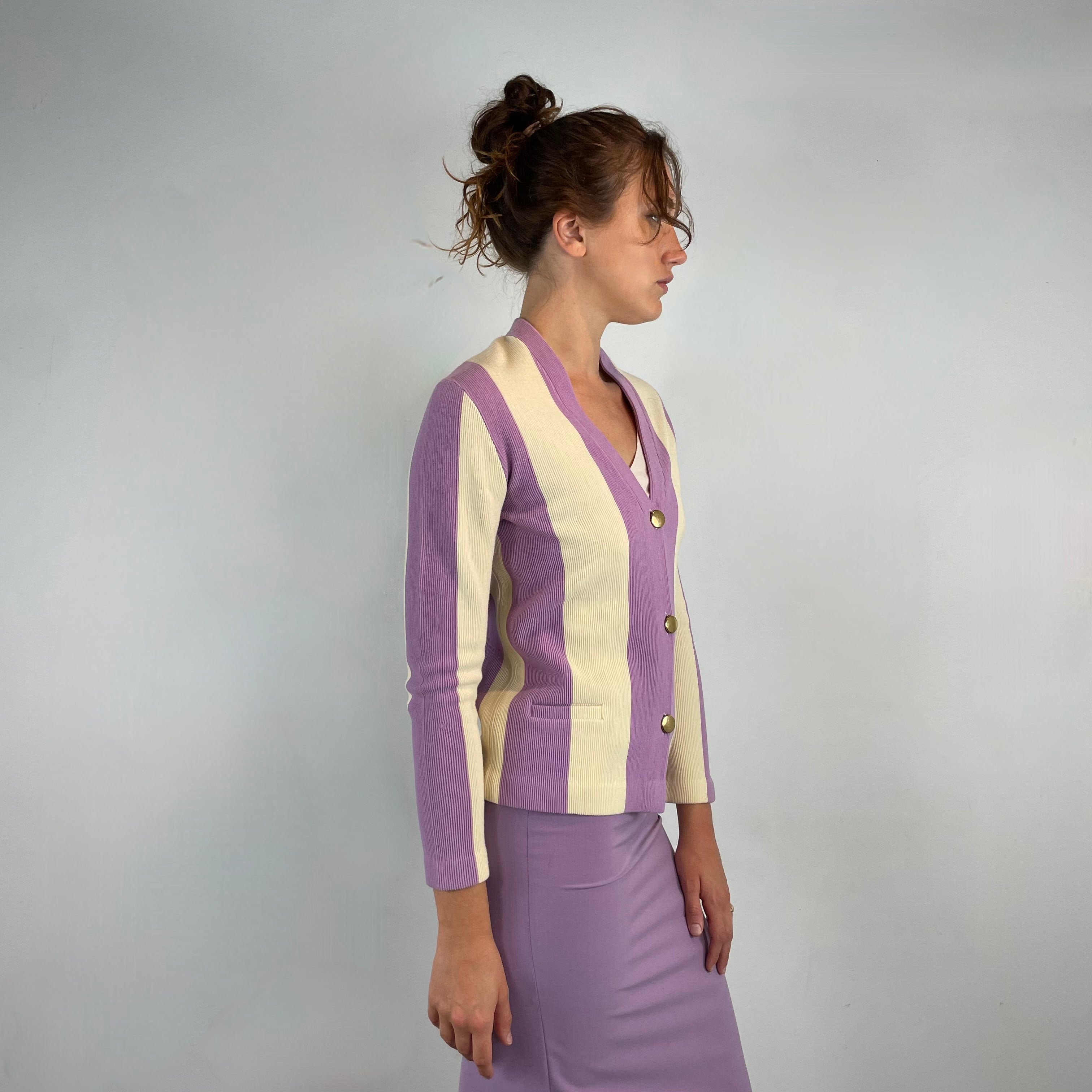 Side View of Boheme Vintage 1960s EP Tricot Lux lavender striped wool knit blazer with gold buttons and boxy silhouette.