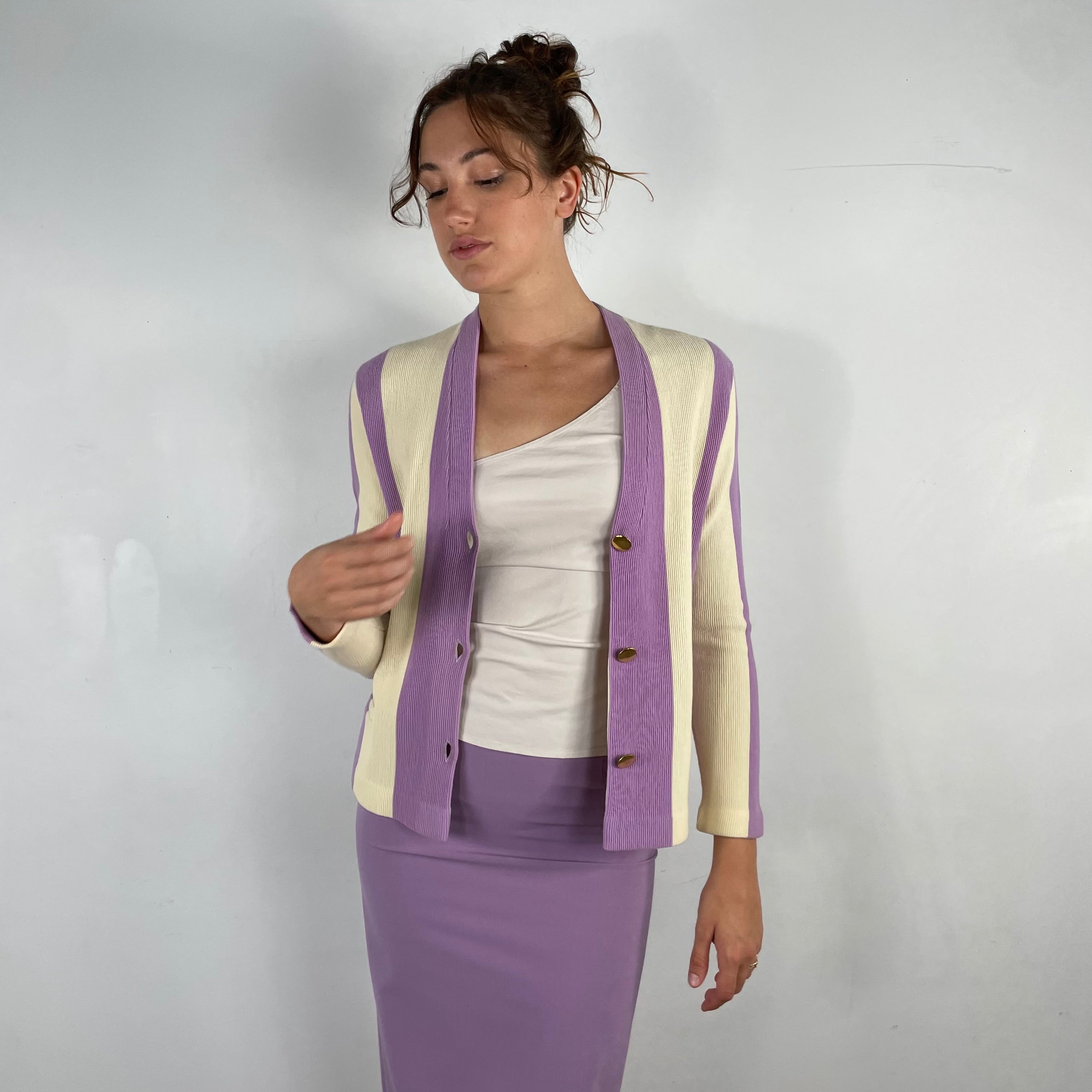 Boheme Vintage 1960s EP Tricot Lux lavender striped wool knit blazer with gold buttons and boxy silhouette.