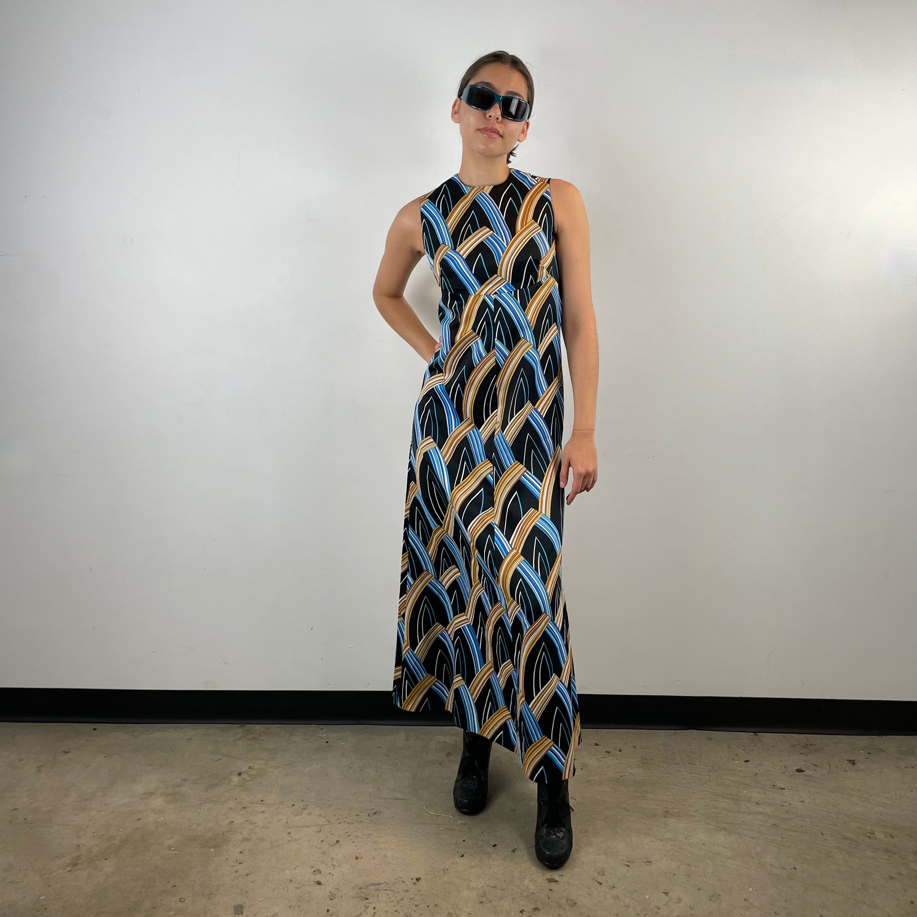 Boheme Vintage – Vintage 1970s Handmade Gold and Blue Printed Maxi Dress with Empire Waist and A-Line Skirt