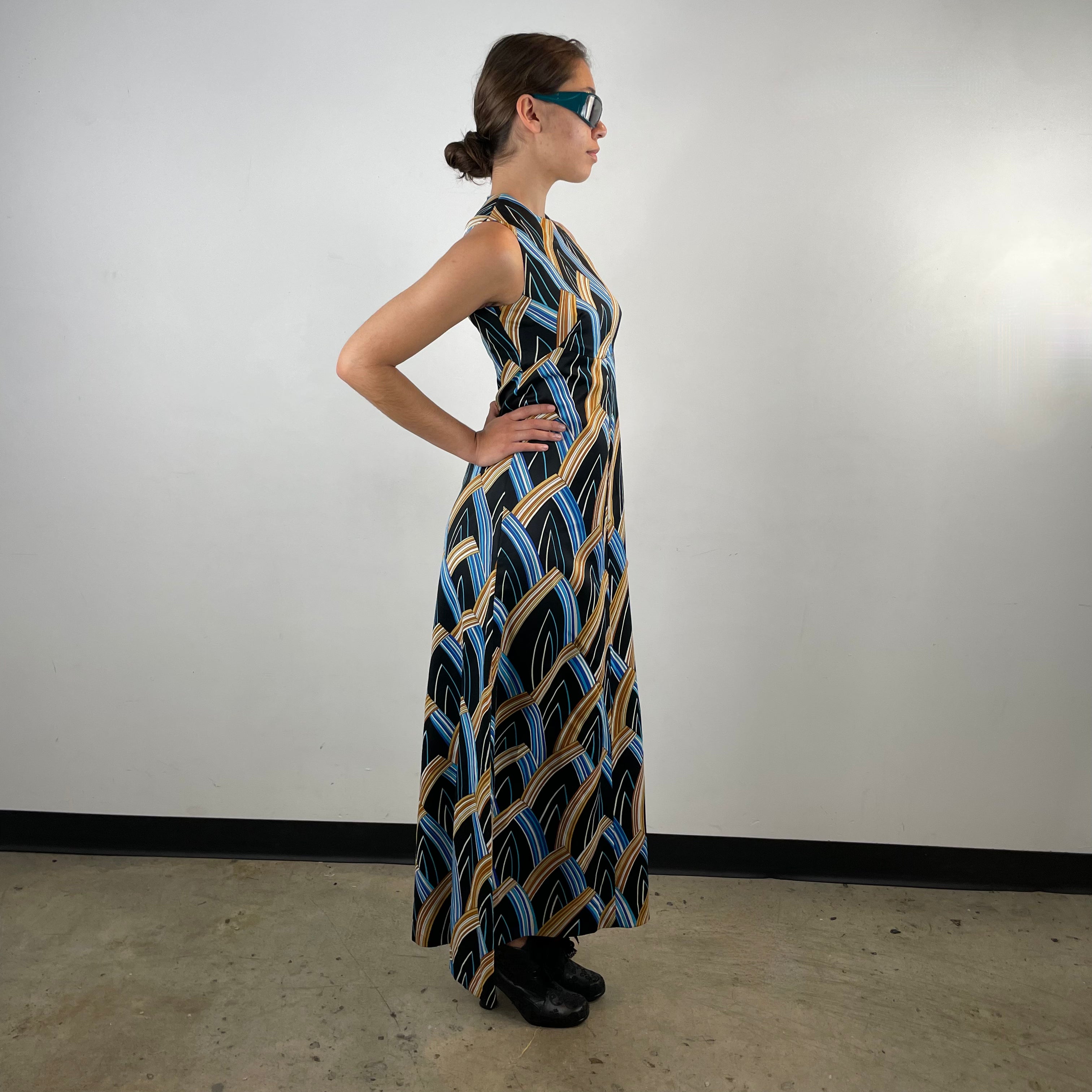Boheme Vintage – Vintage 1970s Handmade Gold and Blue Printed Maxi Dress with Empire Waist and A-Line Skirt