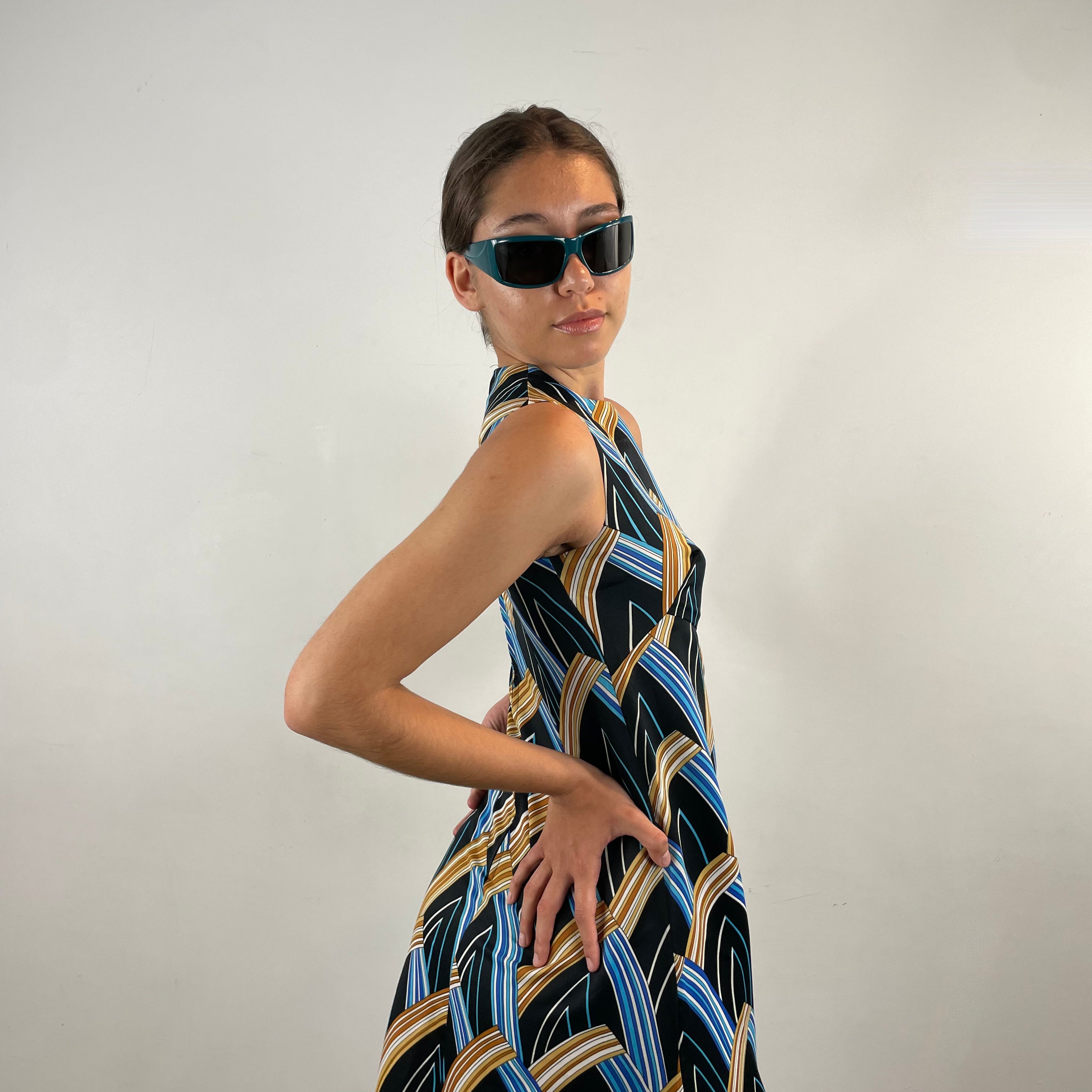 Boheme Vintage – Vintage 1970s Handmade Gold and Blue Printed Maxi Dress with Empire Waist and A-Line Skirt