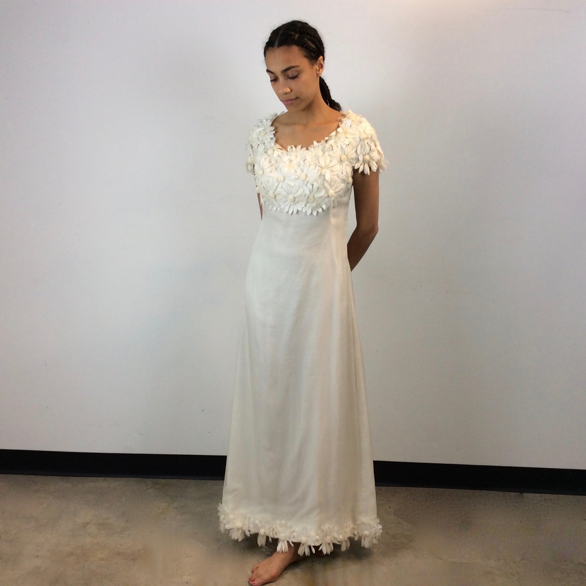 Front view of 1970s Daisy Embellished Ivory Organza Maxi Dress 
Size Small
Sold at bohemevintage.com
Montréal