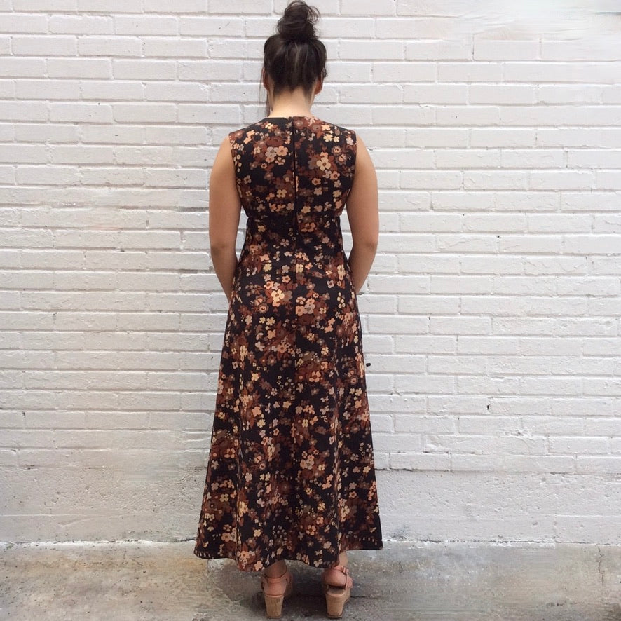 Handmade 1970s floral maxi dress with V-neck and empire waist, versatile and timeless, available at Boheme Vintage in Montreal – bohemevintage.com