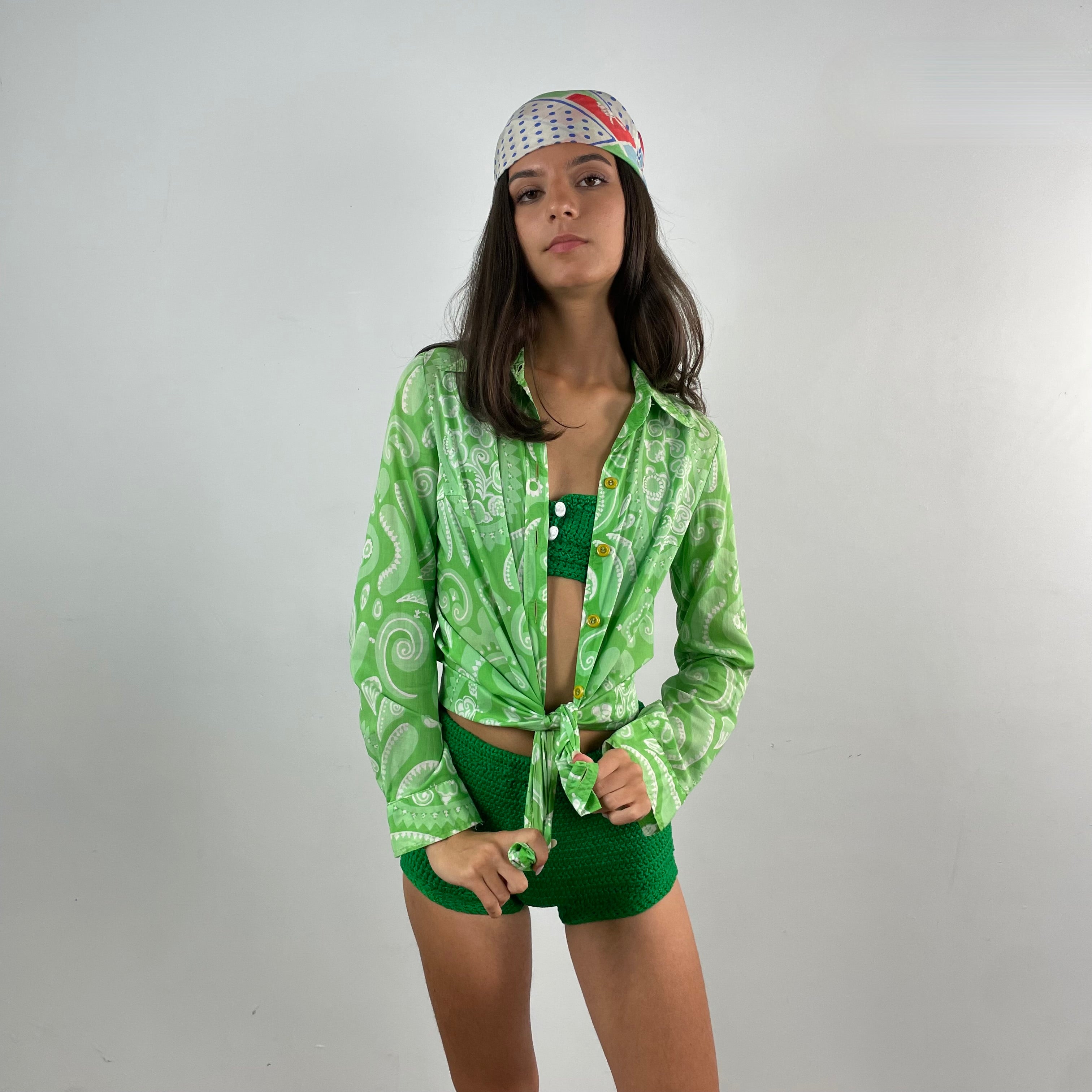 Boheme Vintage 1970s Coach House green and white paisley print long sleeve button-up blouse with pointed collar.